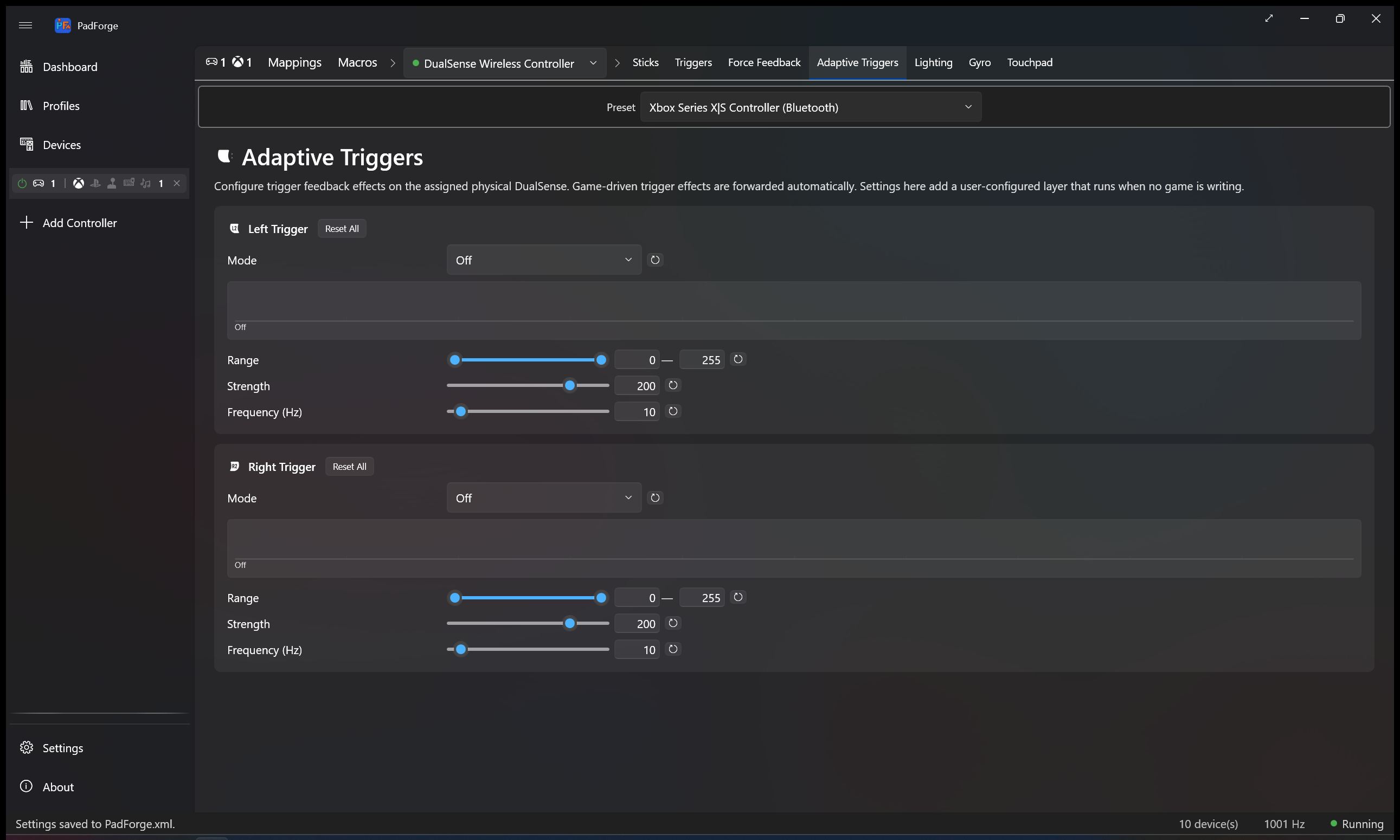 Adaptive Triggers tab with mode dropdown and per-trigger sliders