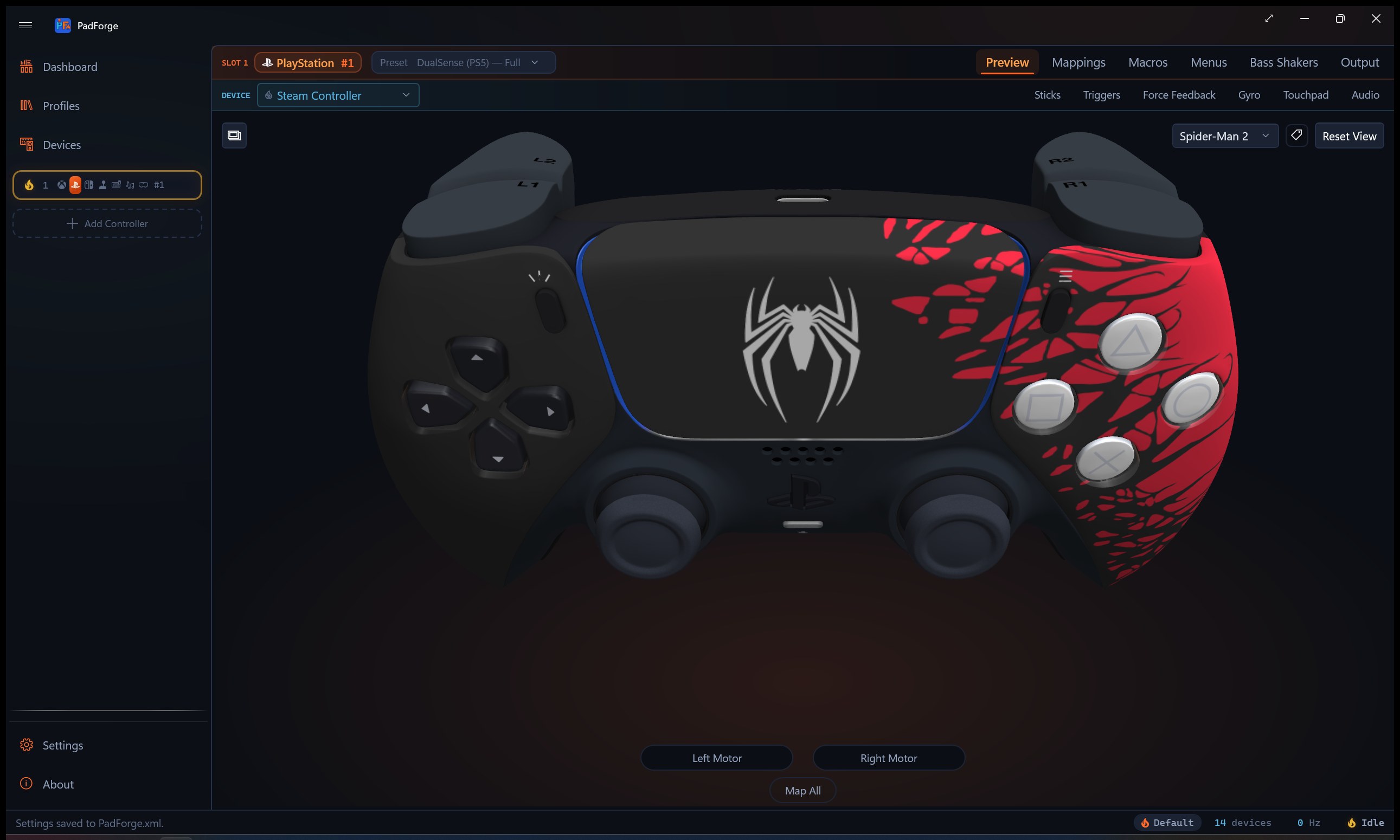 PadForge showing a DualSense in the Spider-Man 2 finish, rendered in the app's 3D controller preview