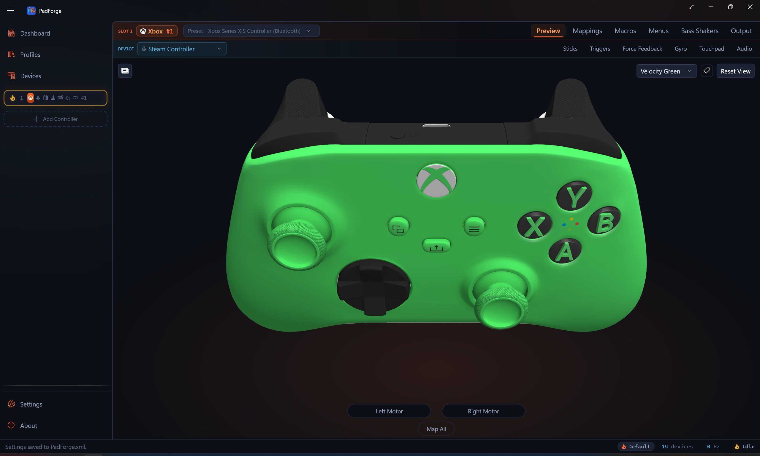 PadForge showing the Velocity Green finish