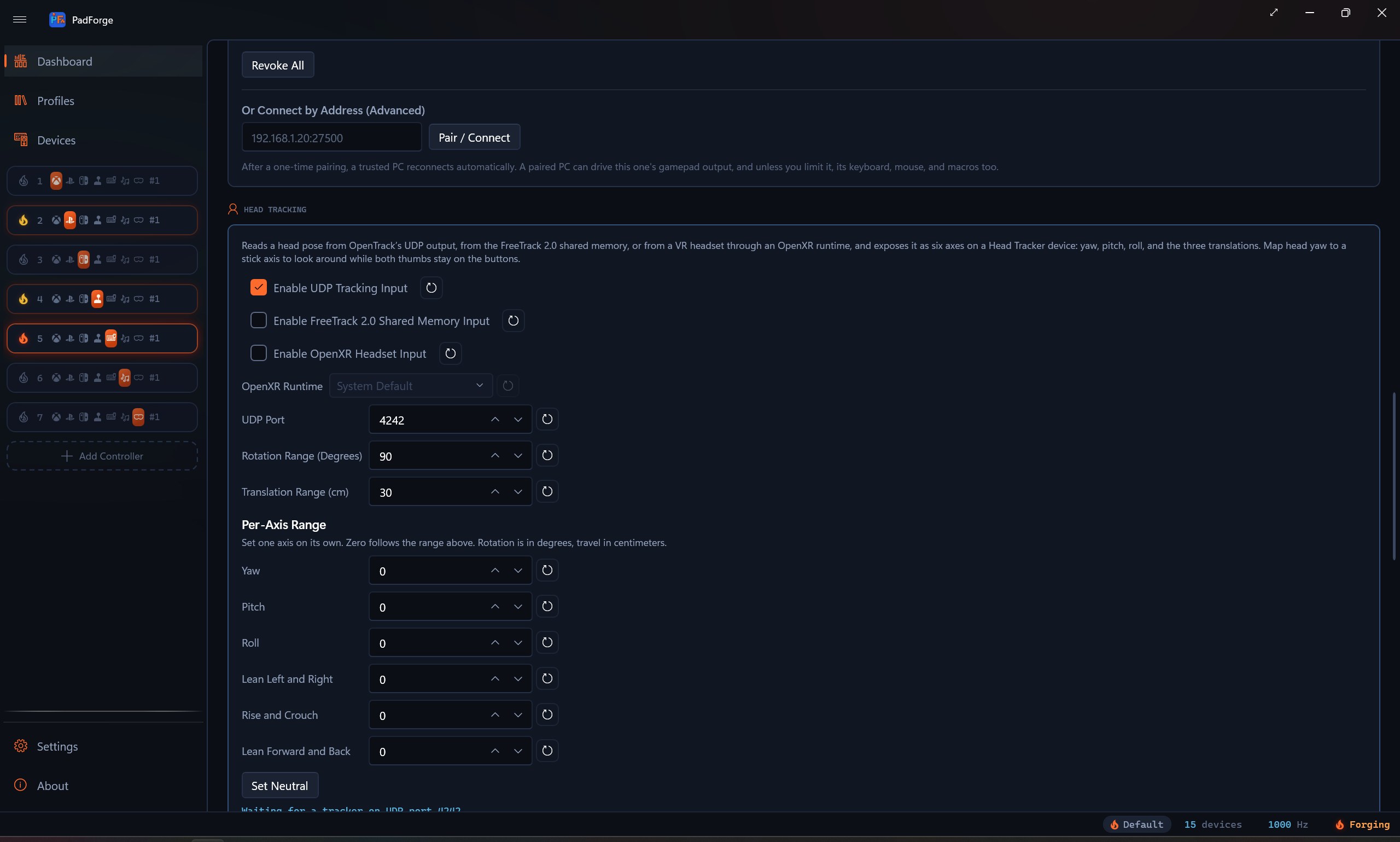 The Head Tracking section on the Dashboard