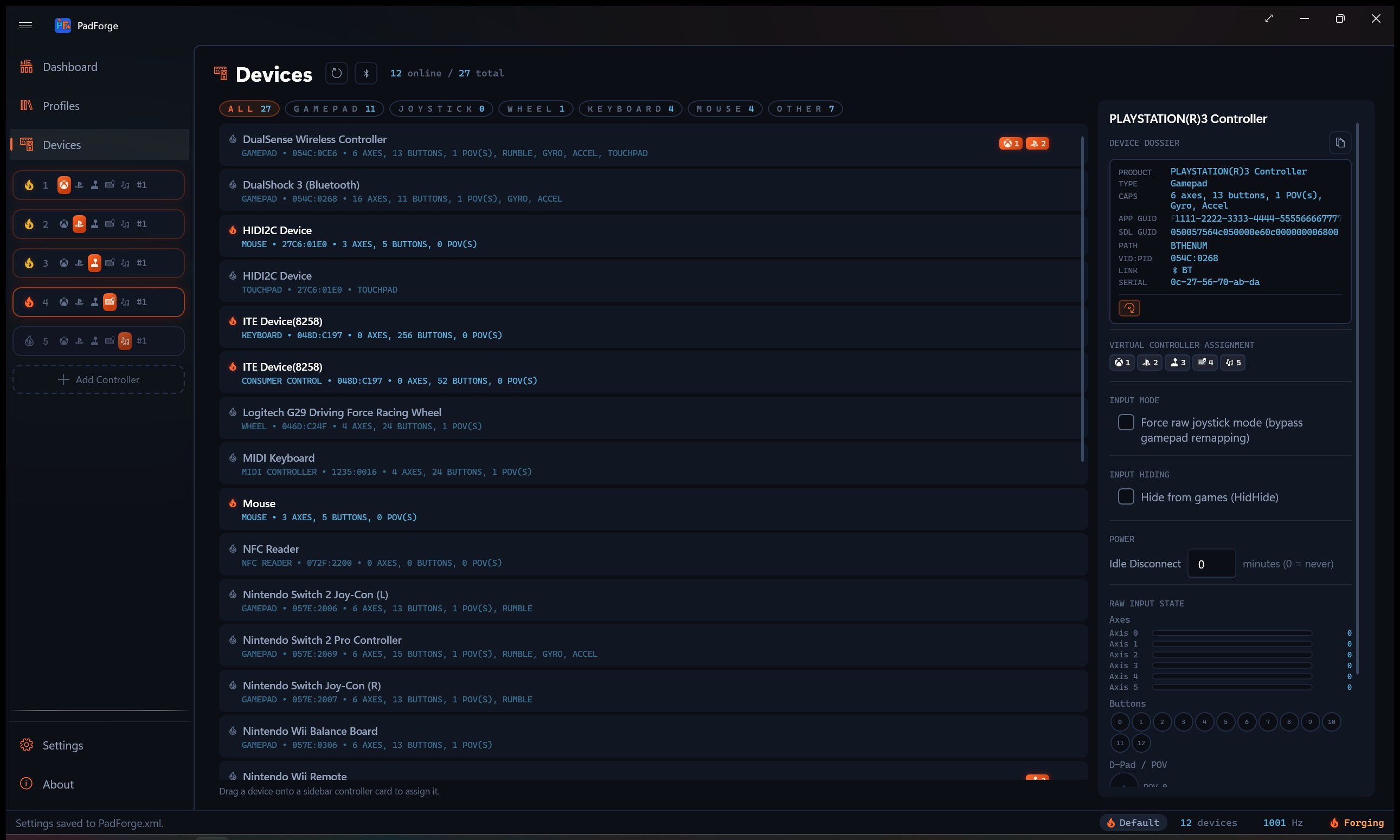 Consumer Control device selected on the Devices page, showing named media-key chips like Play/Pause, Mute, and Volume