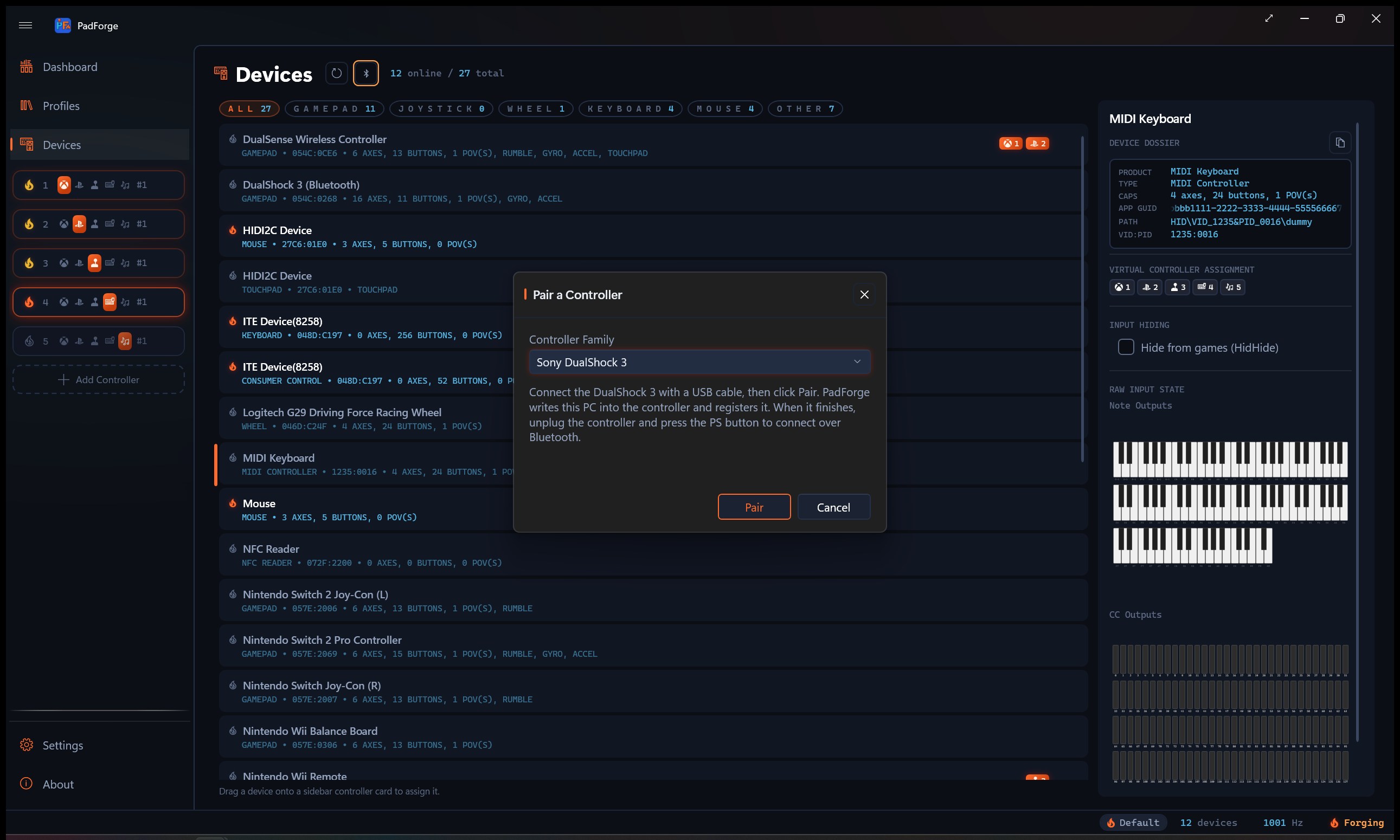 Pair a Controller dialog set to DualShock 3 with USB and Bluetooth options