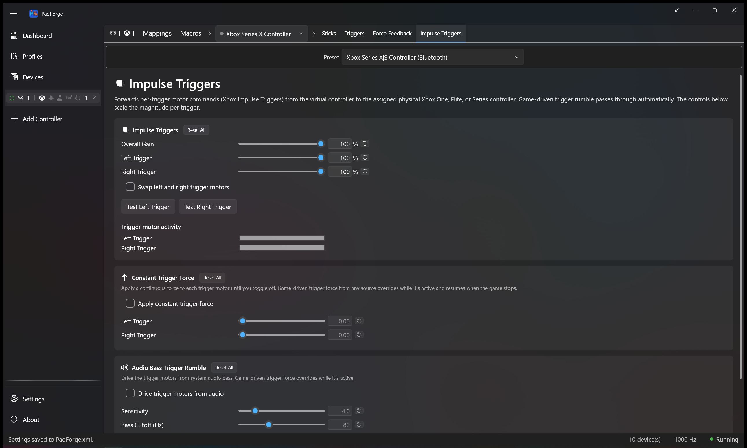 Impulse Triggers tab with per-trigger gain, Constant Trigger Force, and Audio Bass Trigger Rumble