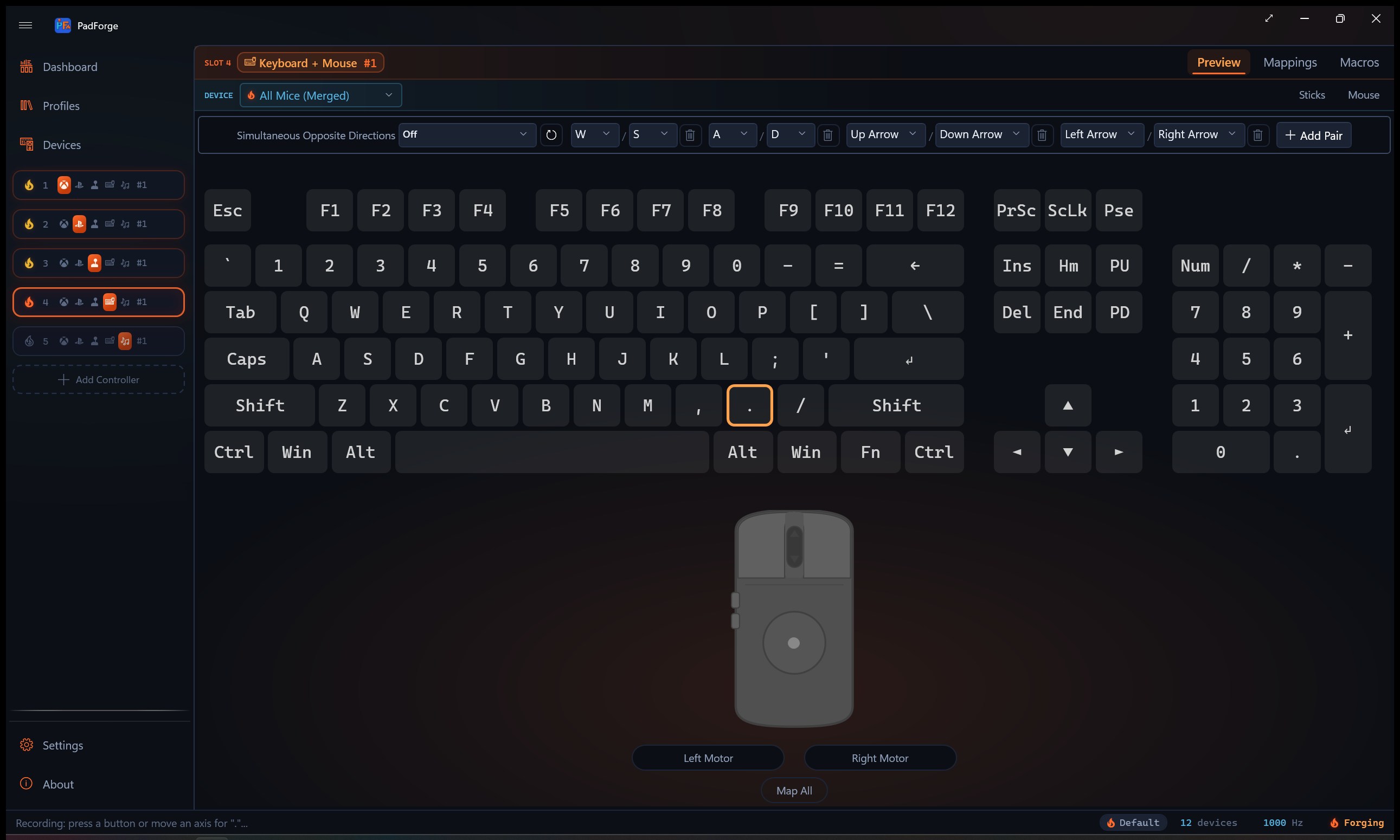 SOCD cleaning modes on the Keyboard + Mouse controller