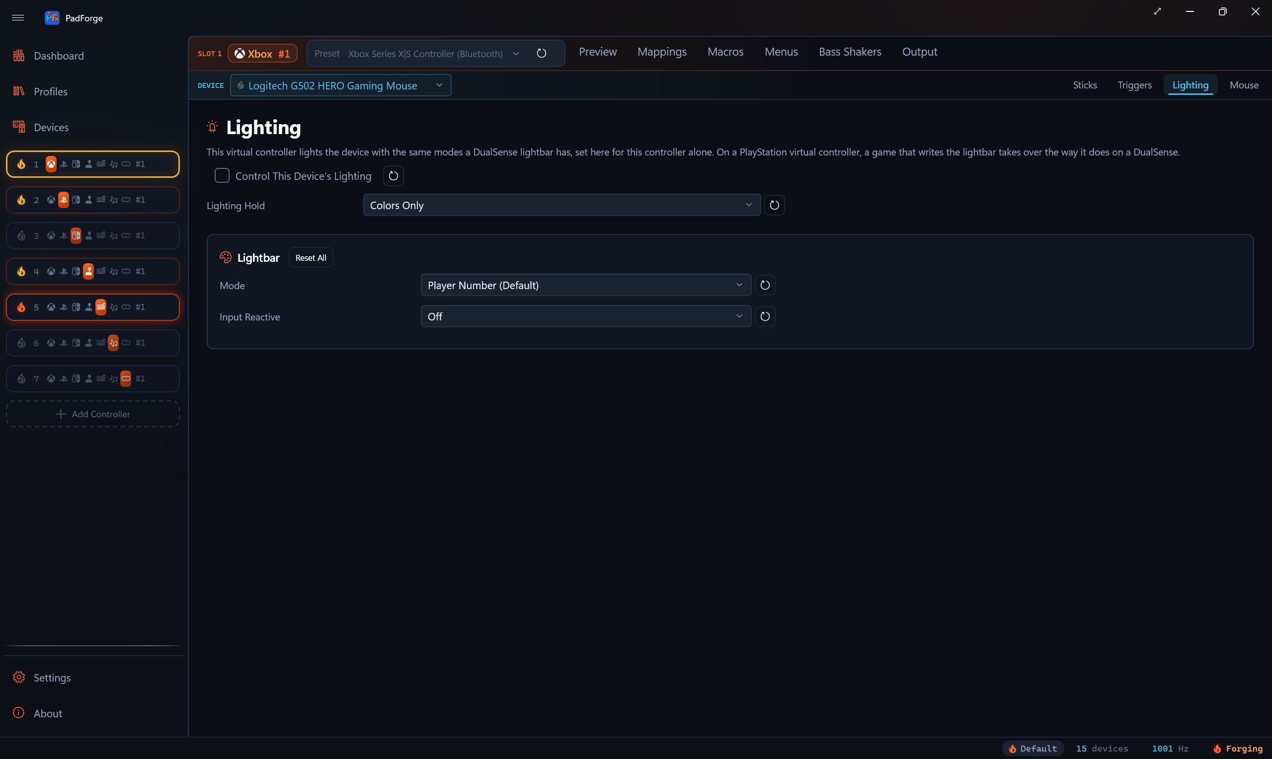 The Lighting tab of a Logitech G502 HERO assigned to an Xbox virtual controller