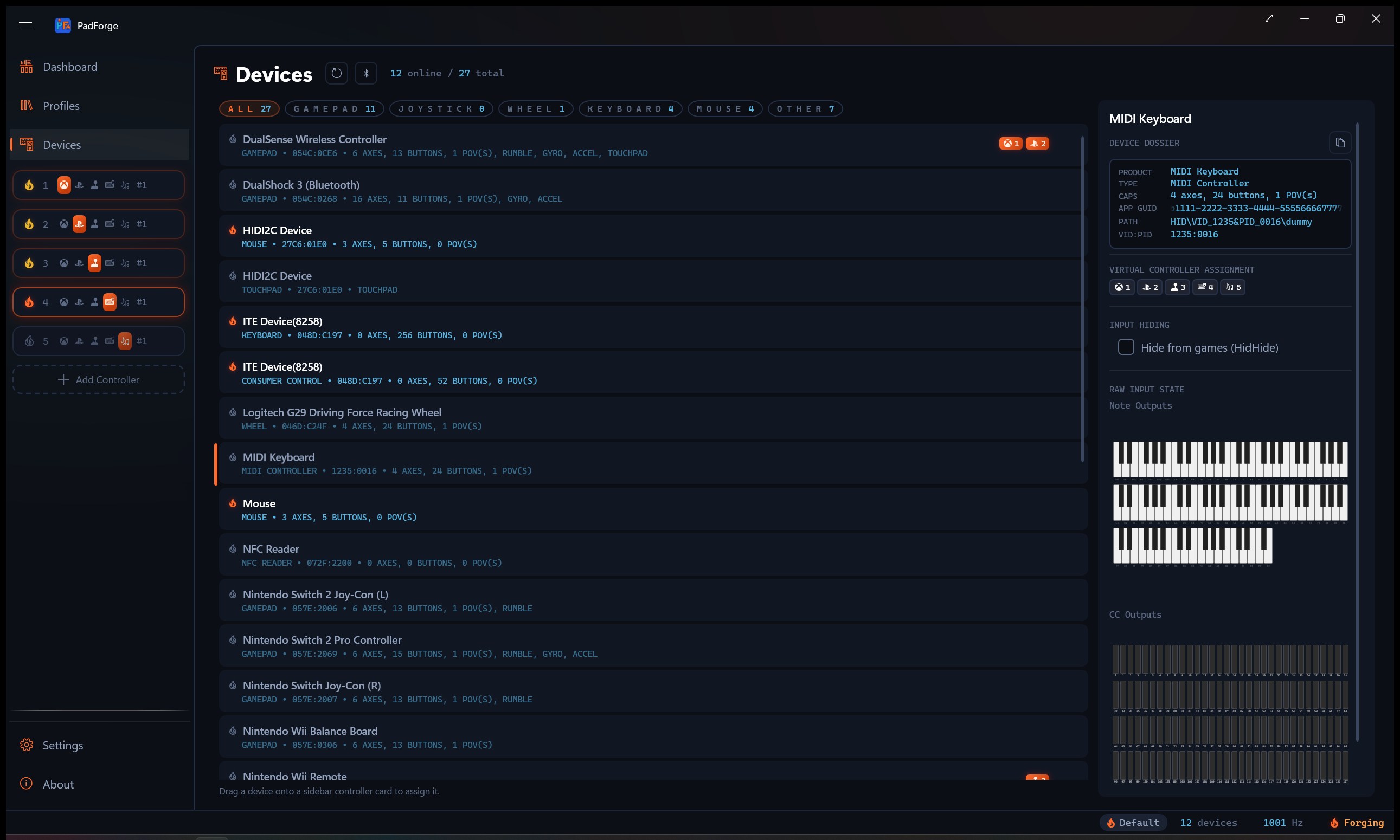 A MIDI device on the Devices page with the live note and CC preview