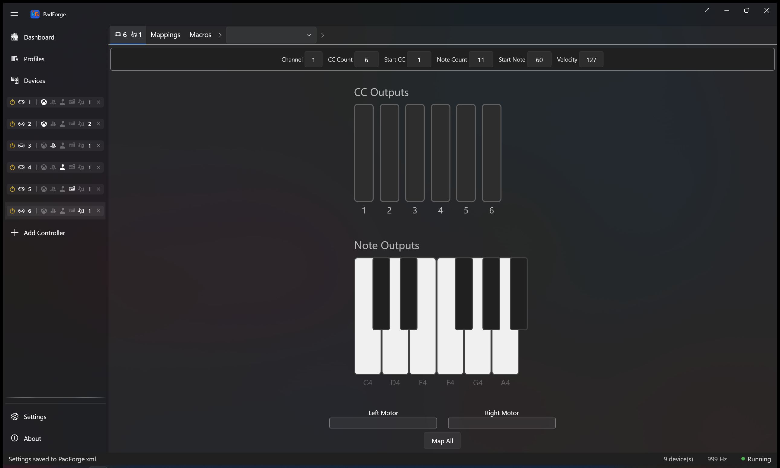 MIDI virtual controller with CC count, Note count, channel, and velocity