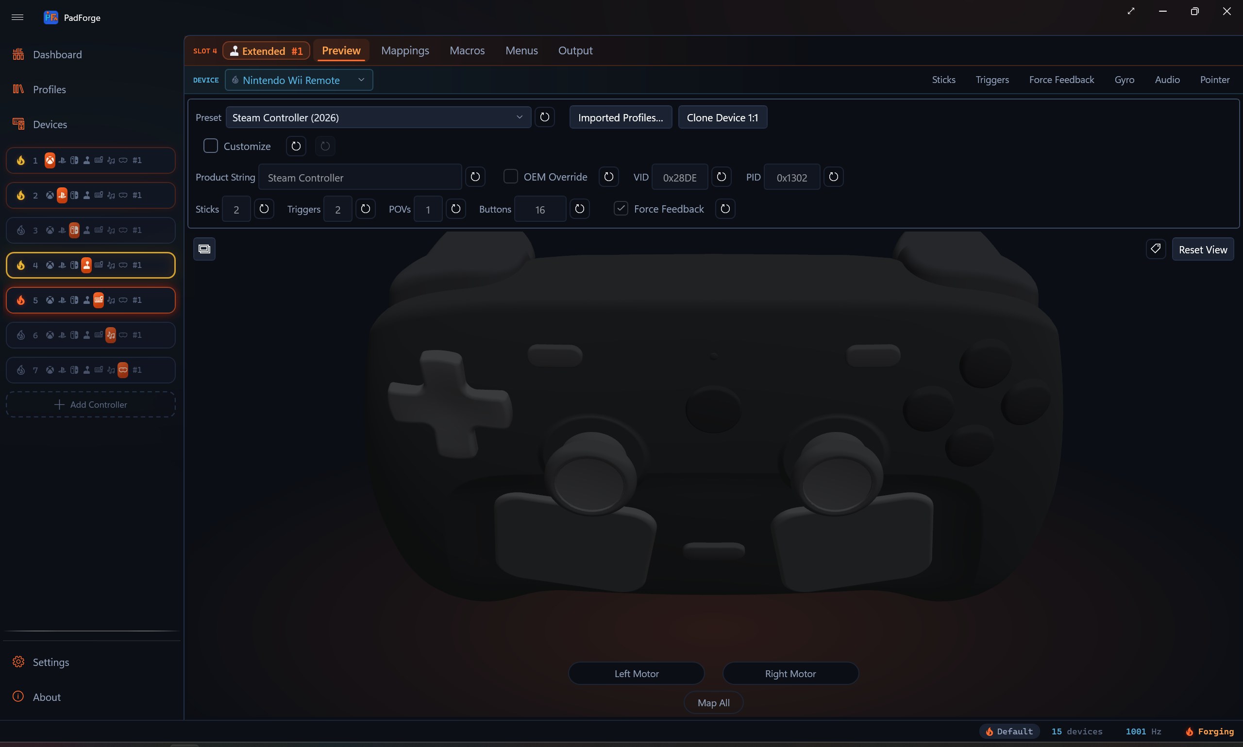 An Extended slot set to the Steam Controller (2026) persona, with the 2026 Steam Controller body in the 3D preview