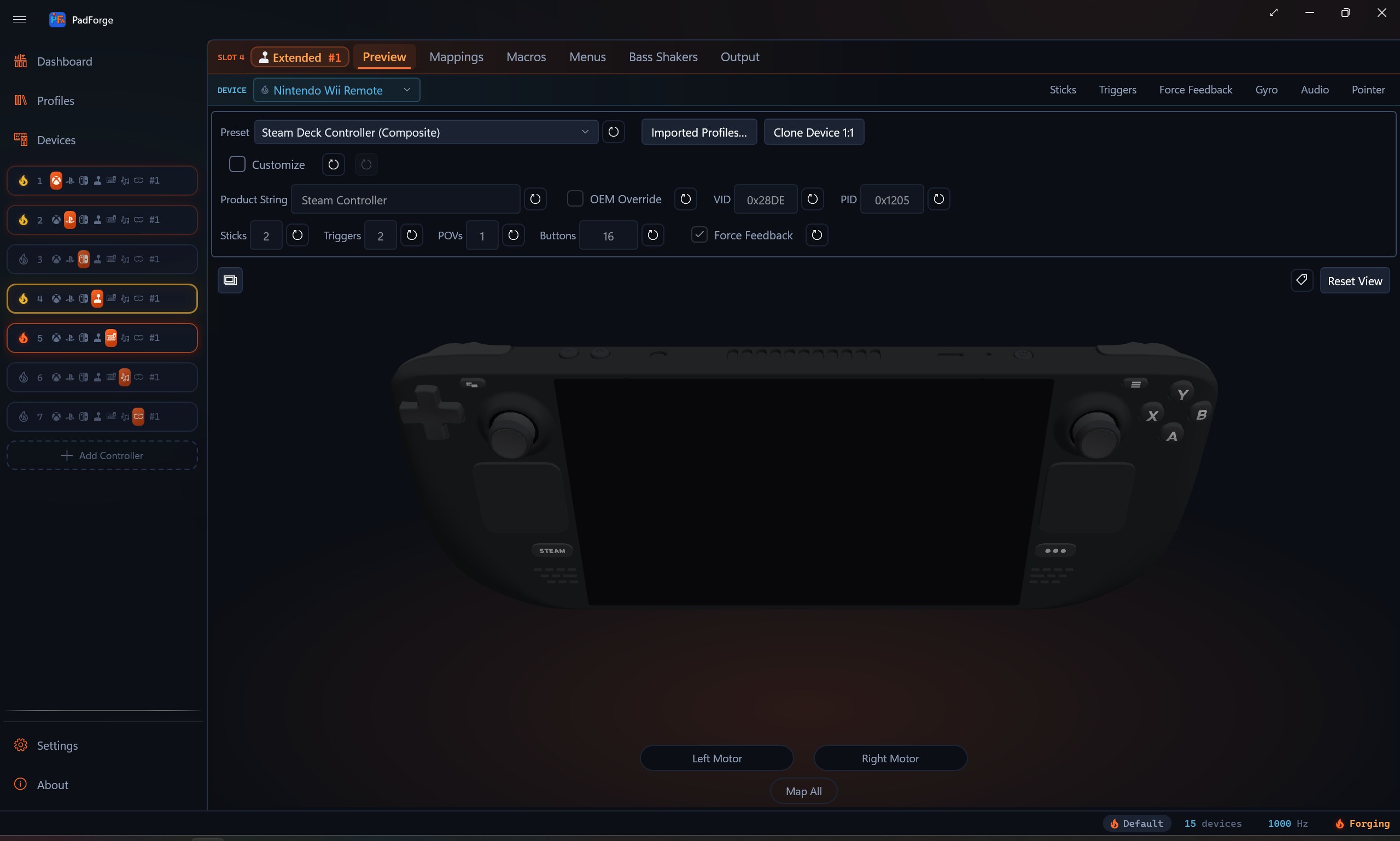 An Extended slot set to the Steam Deck persona, with the Steam Deck body in the 3D preview