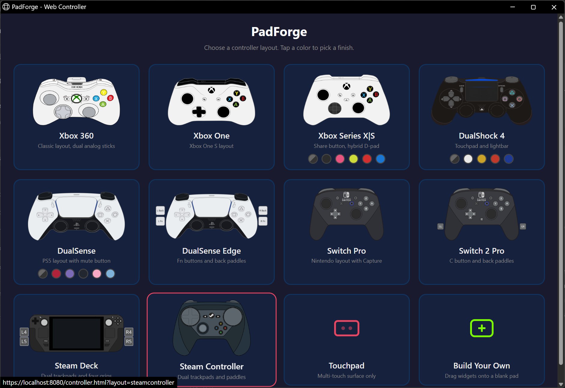 The web controller layout picker: ten controller layouts, with color finishes on the Xbox Series, DualShock 4, and DualSense pads