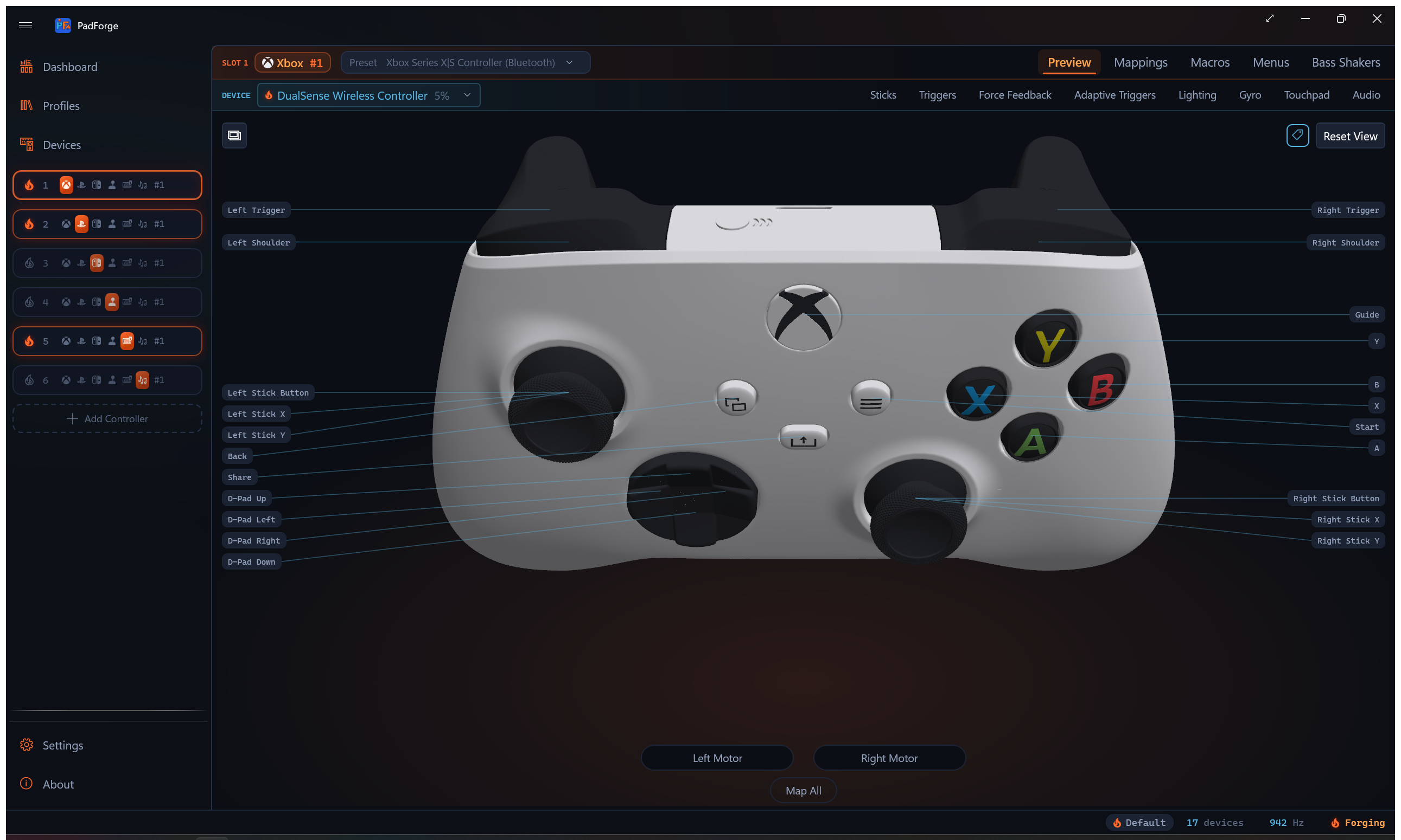 3D controller model with the annotation overlay enabled: edge chips, leader lines, and trigger level bars
