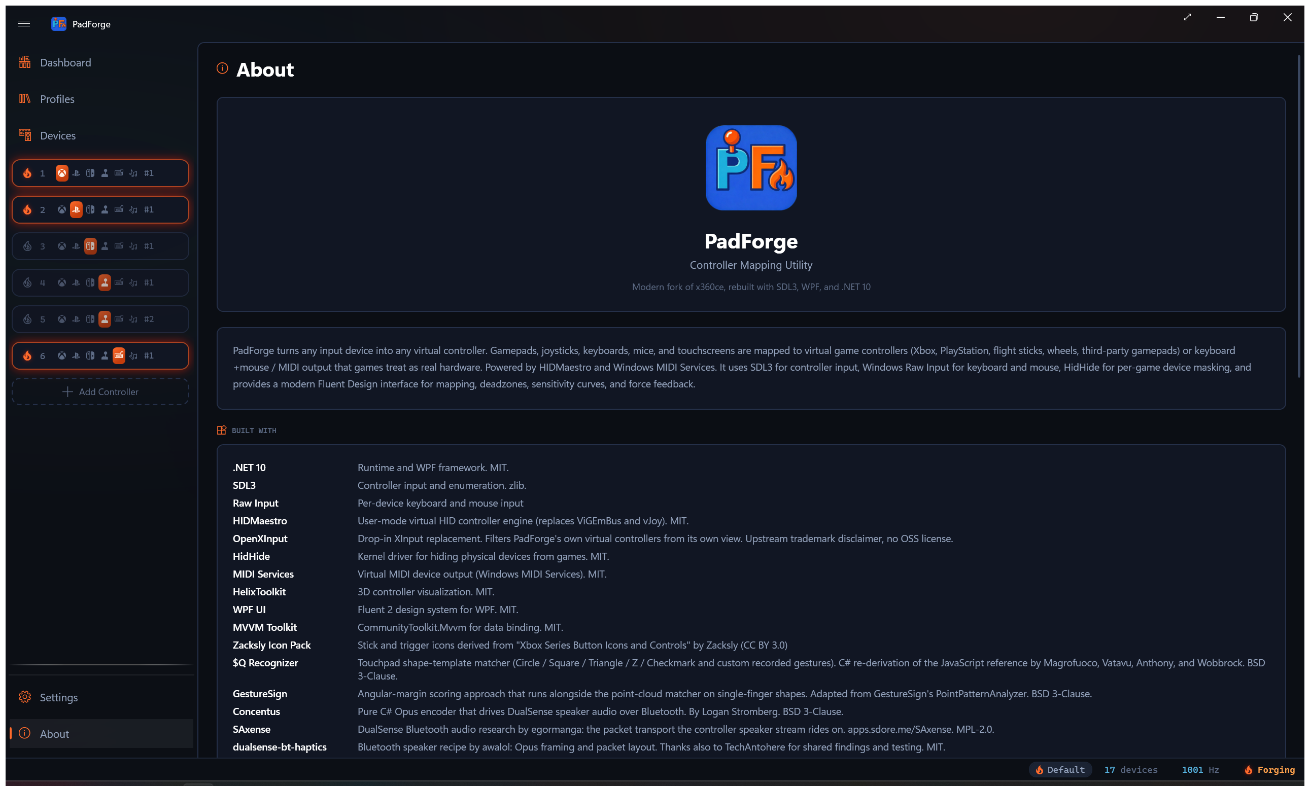 The About page: the projects PadForge is built on