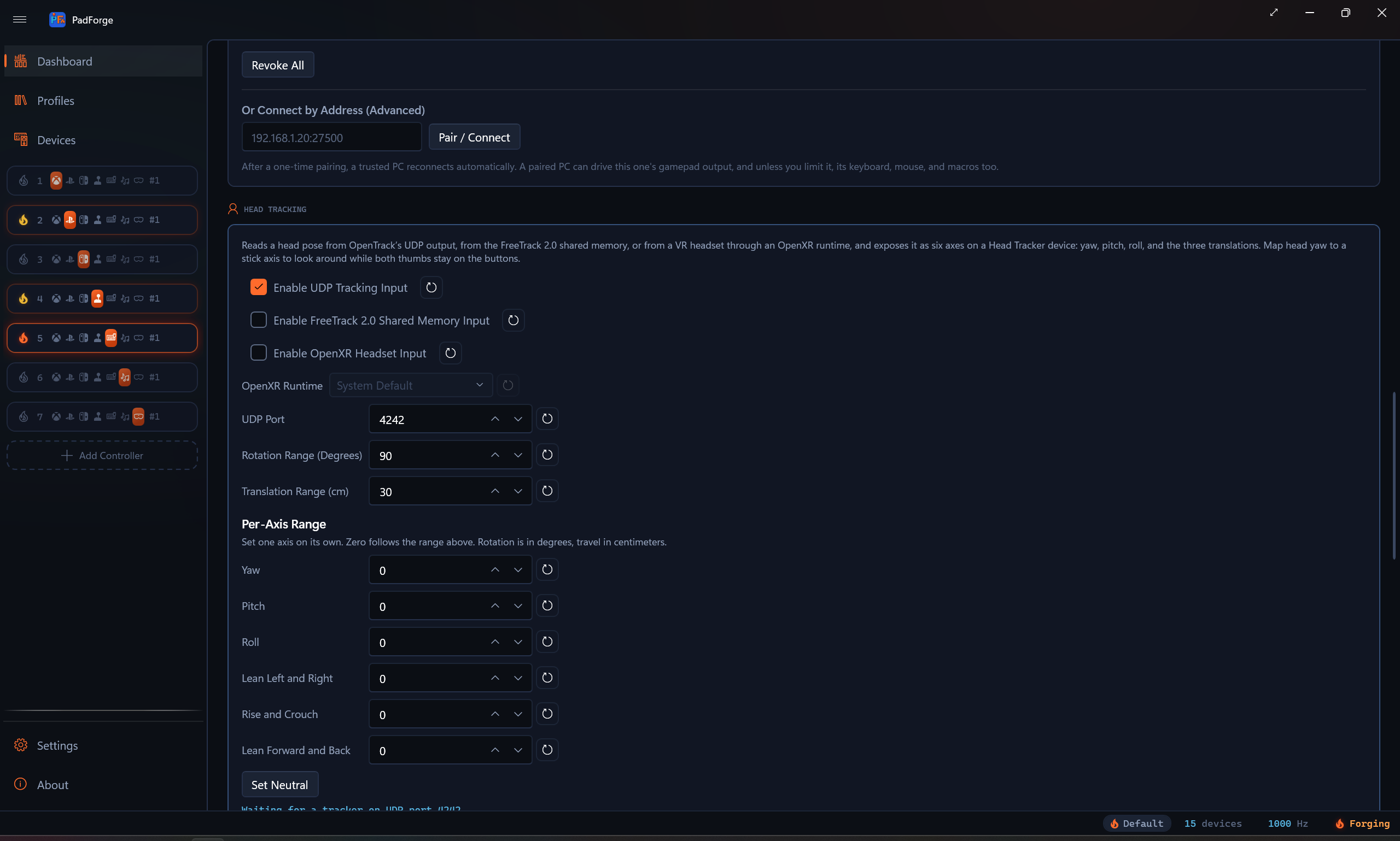 Dashboard, Head Tracking section with its toggles, port, ranges, and status line