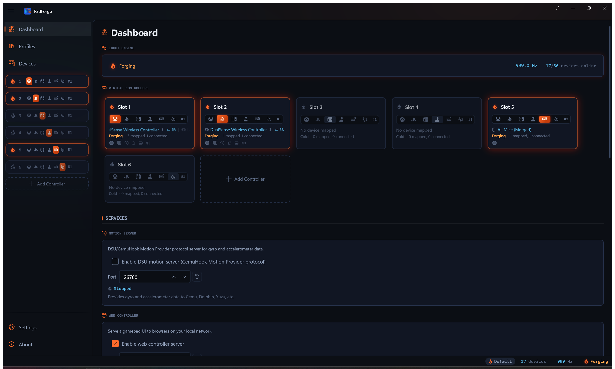 The Dashboard engine card showing the live polling rate in Hz