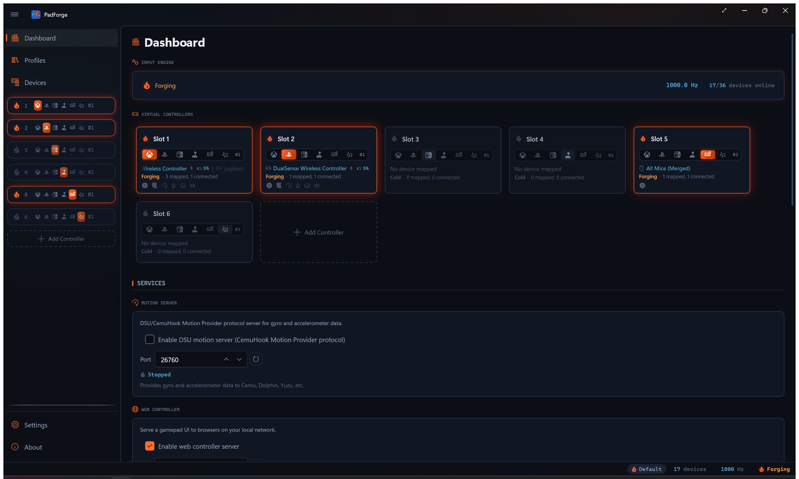 A virtual controller slot card showing the power flame, type track, device roster, status counts, and stage ledger