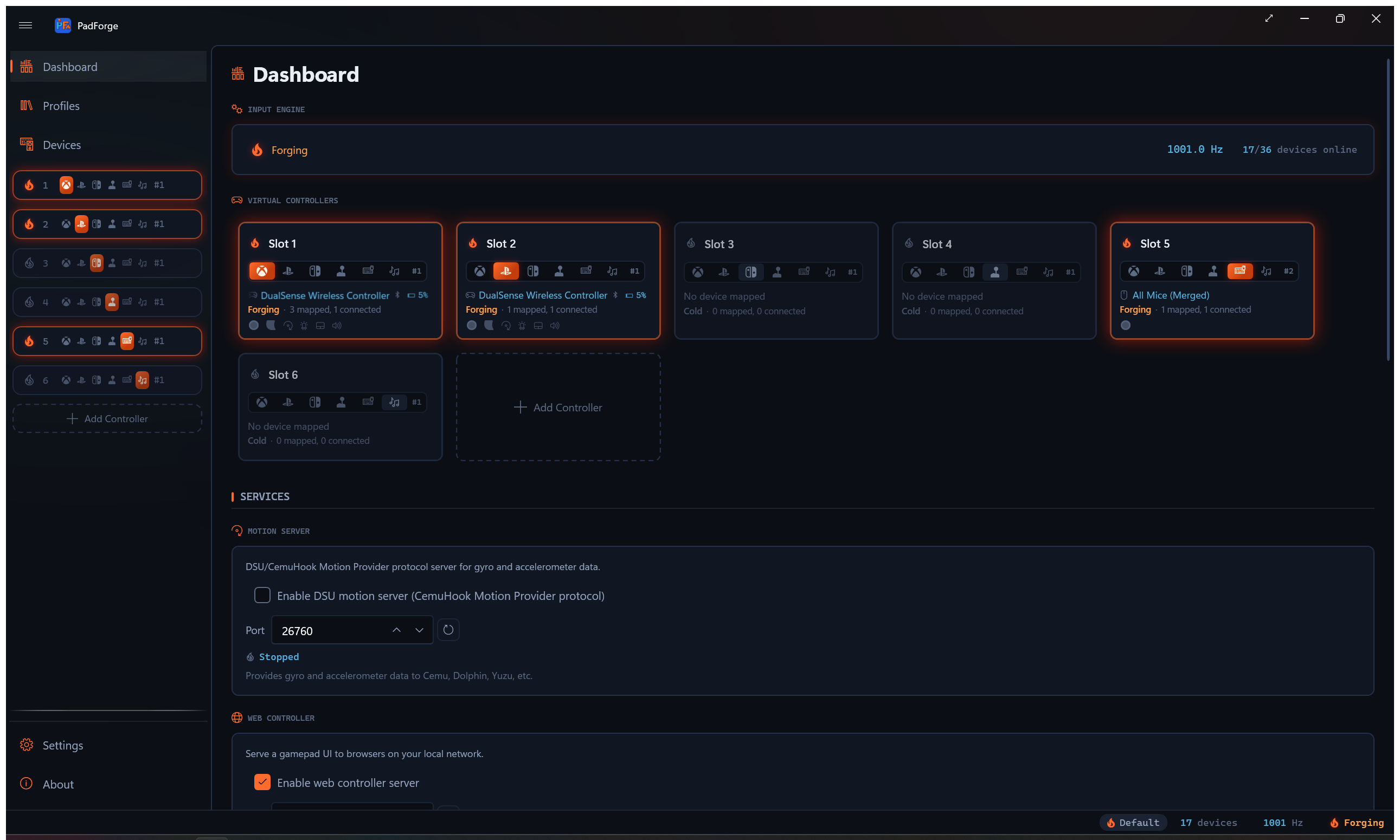 Dashboard overview showing engine status, virtual controllers, and driver health