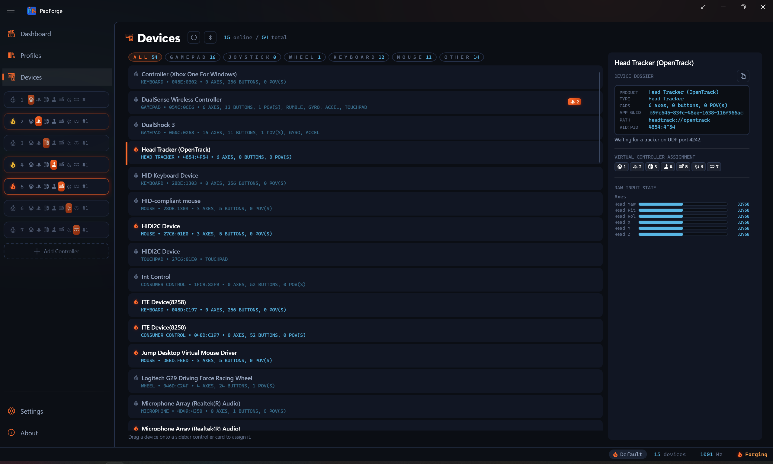 Devices page, Head Tracker row selected, with the status line and six axes