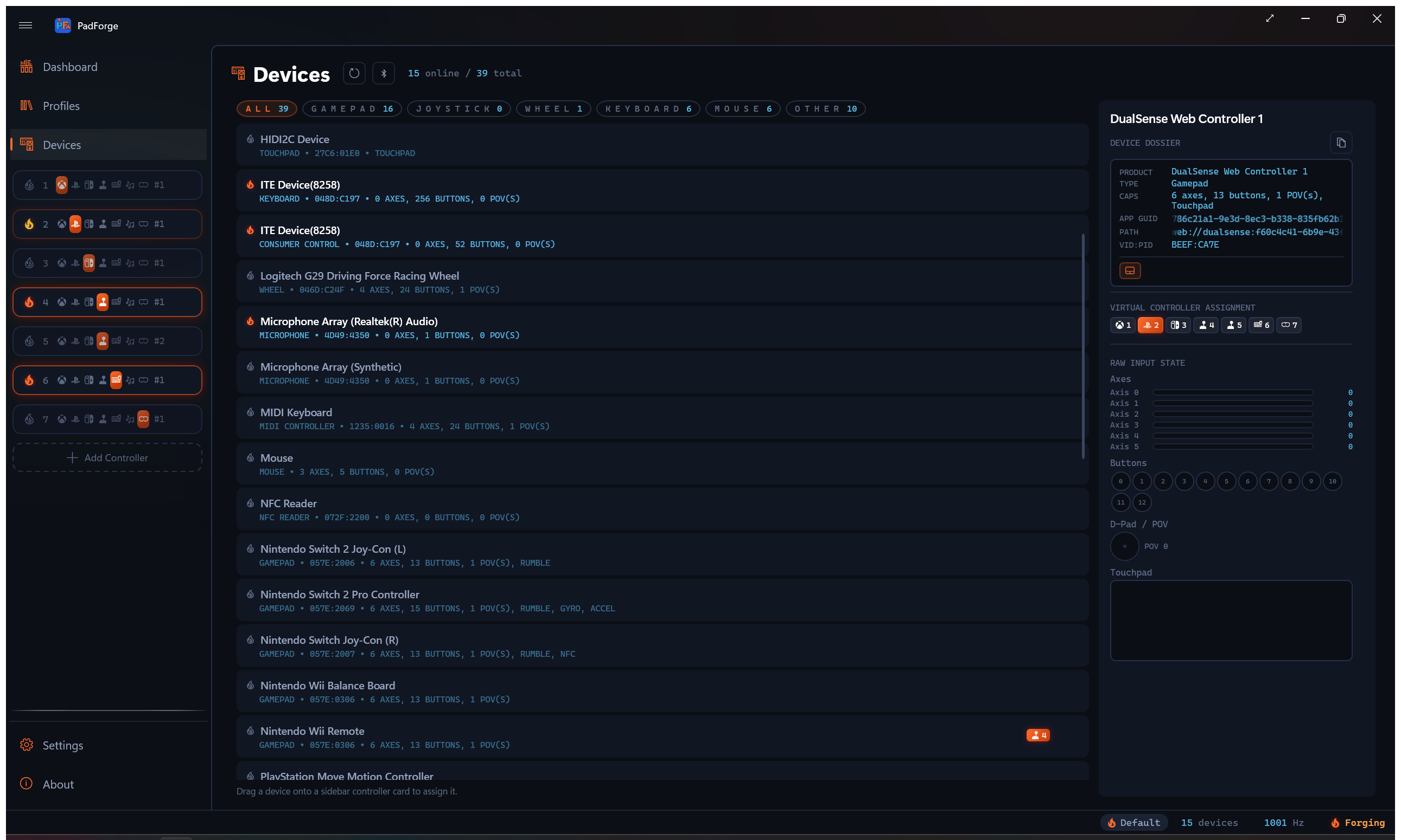 A PlayStation Move Motion Controller on the Devices page, with its live motion readout