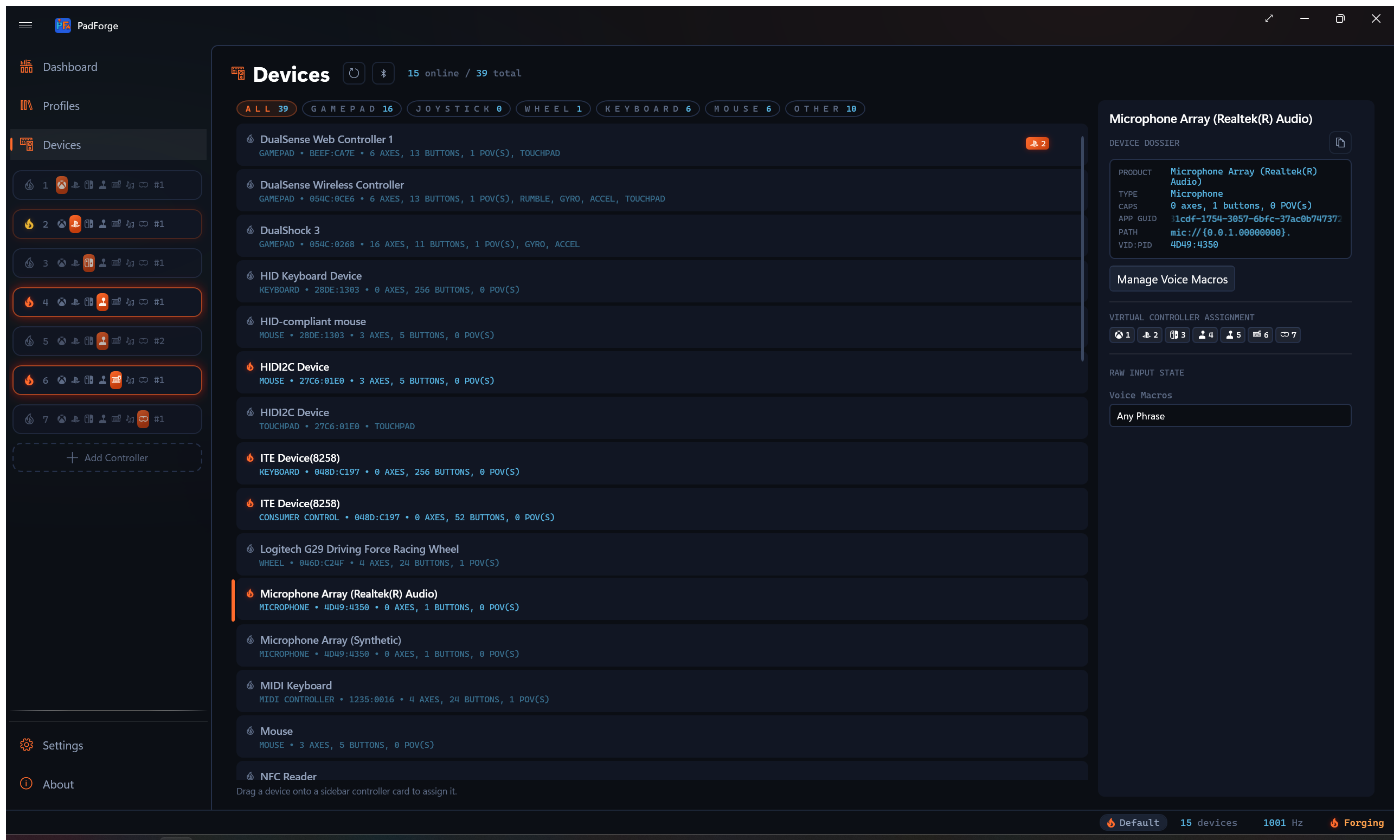 A microphone row on the Devices page, with Manage Voice Macros