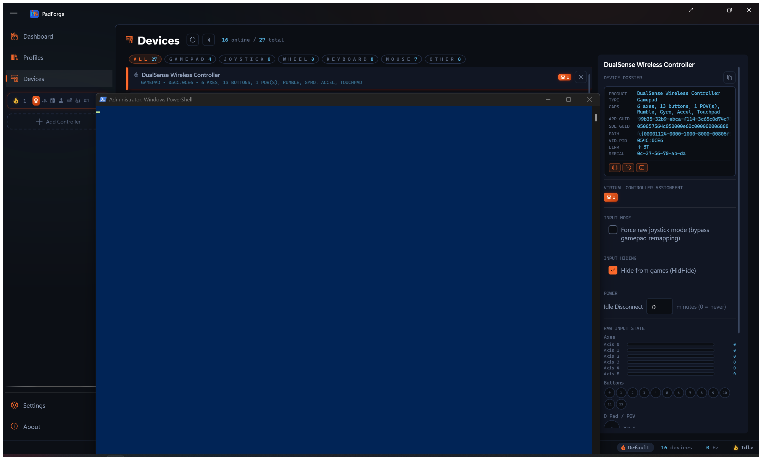 Devices page showing detected controllers with status and slot badges