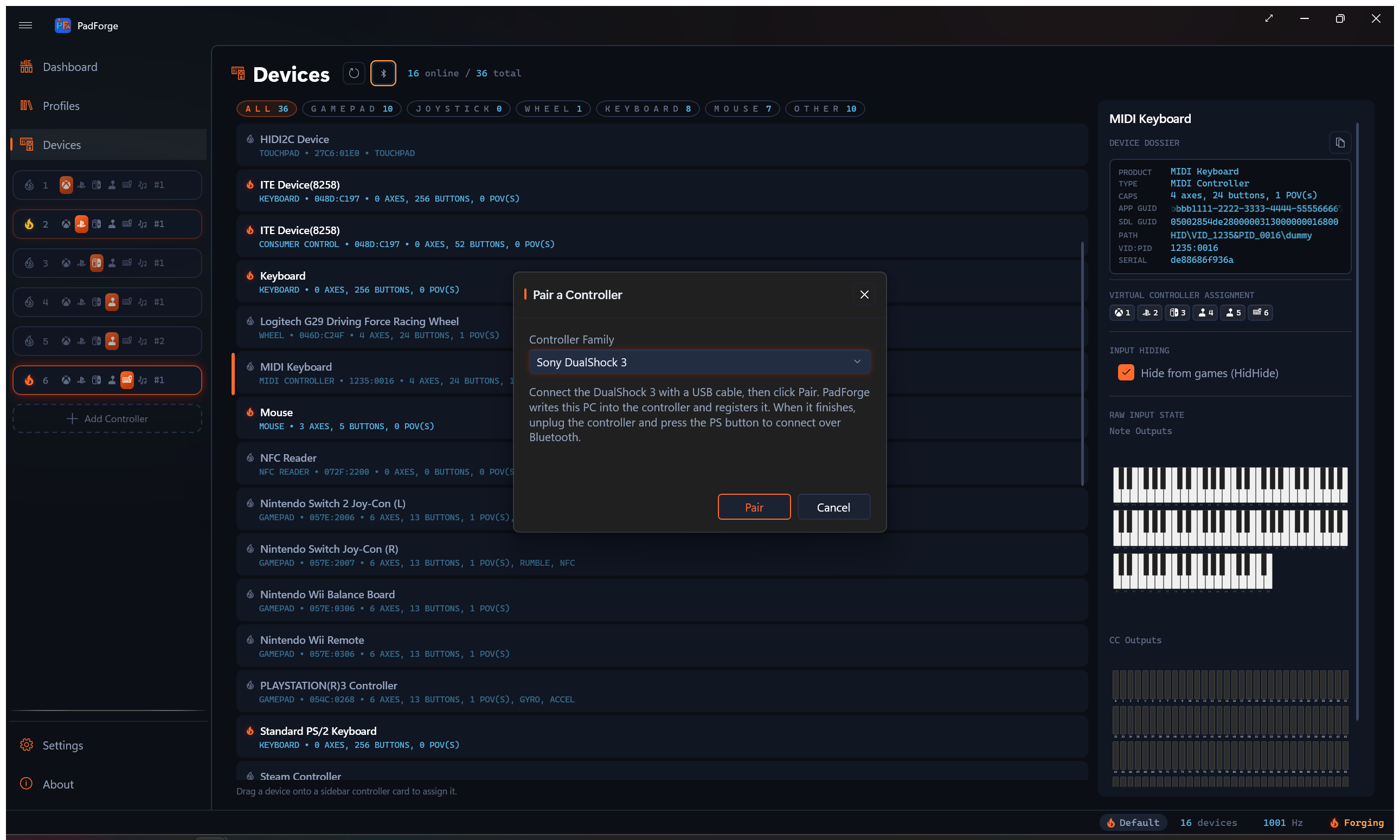The Pair a Controller dialog set to Sony DualShock 3
