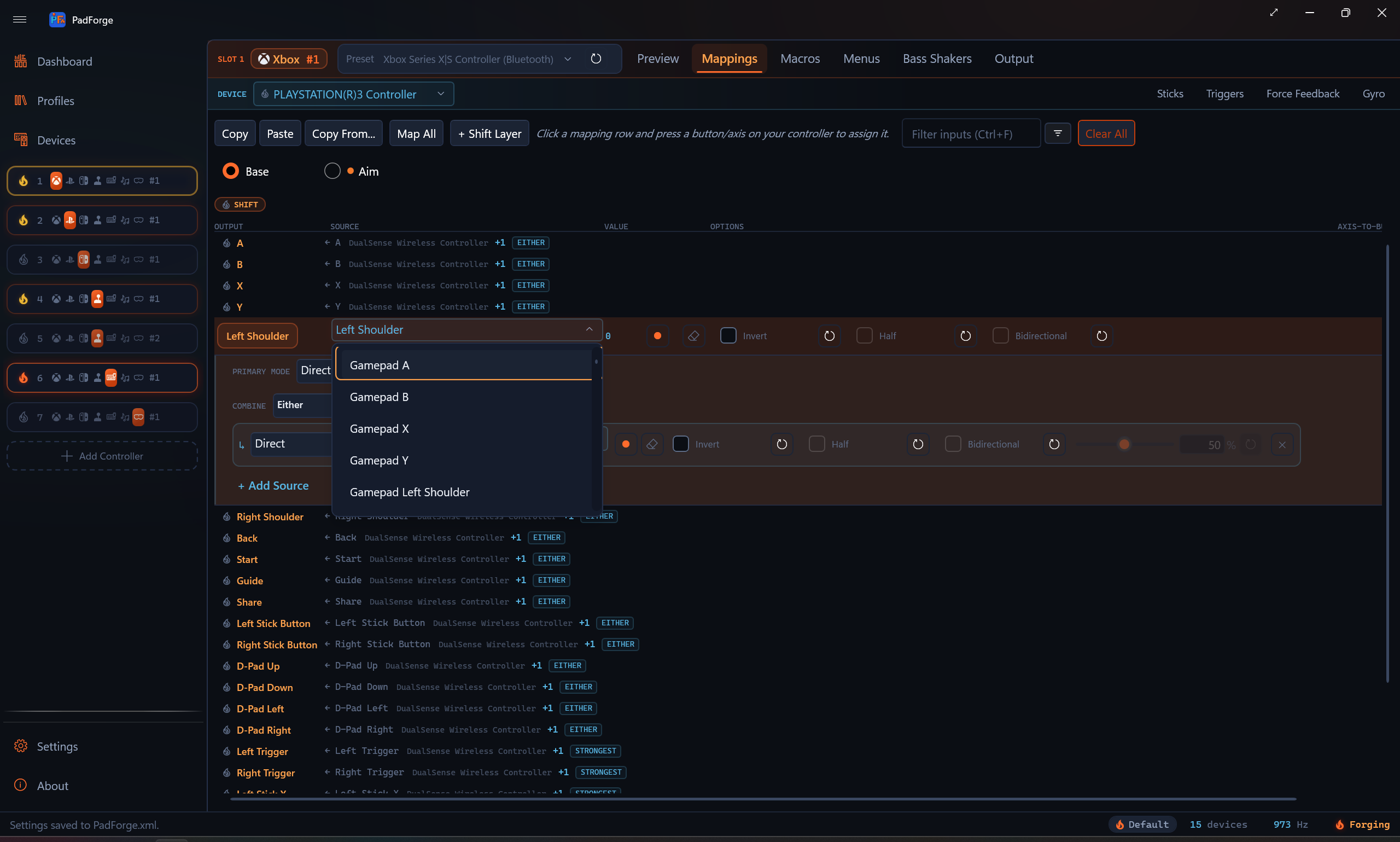 The source picker listing a gamepad's inputs