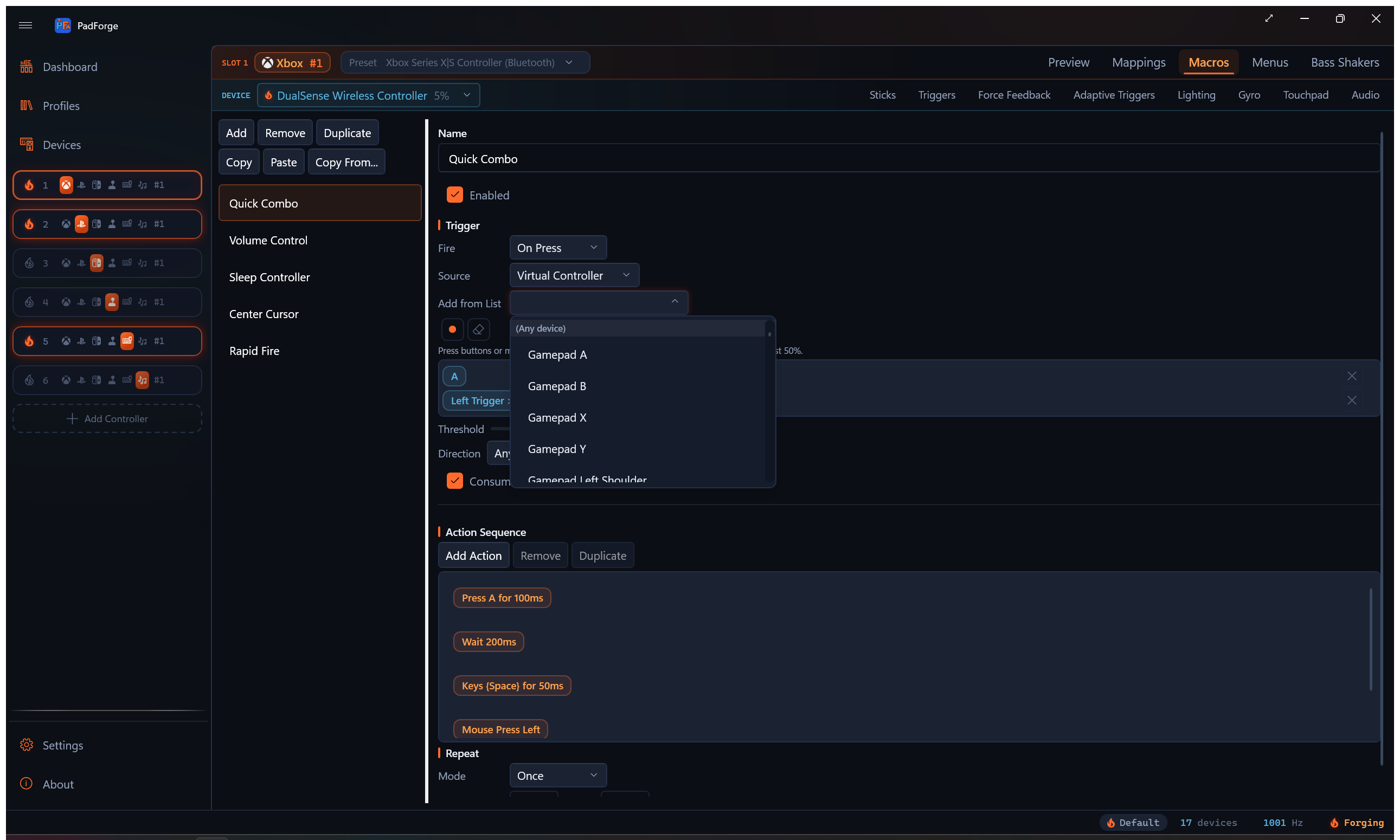 The Add from List dropdown showing gestures alongside buttons and axes