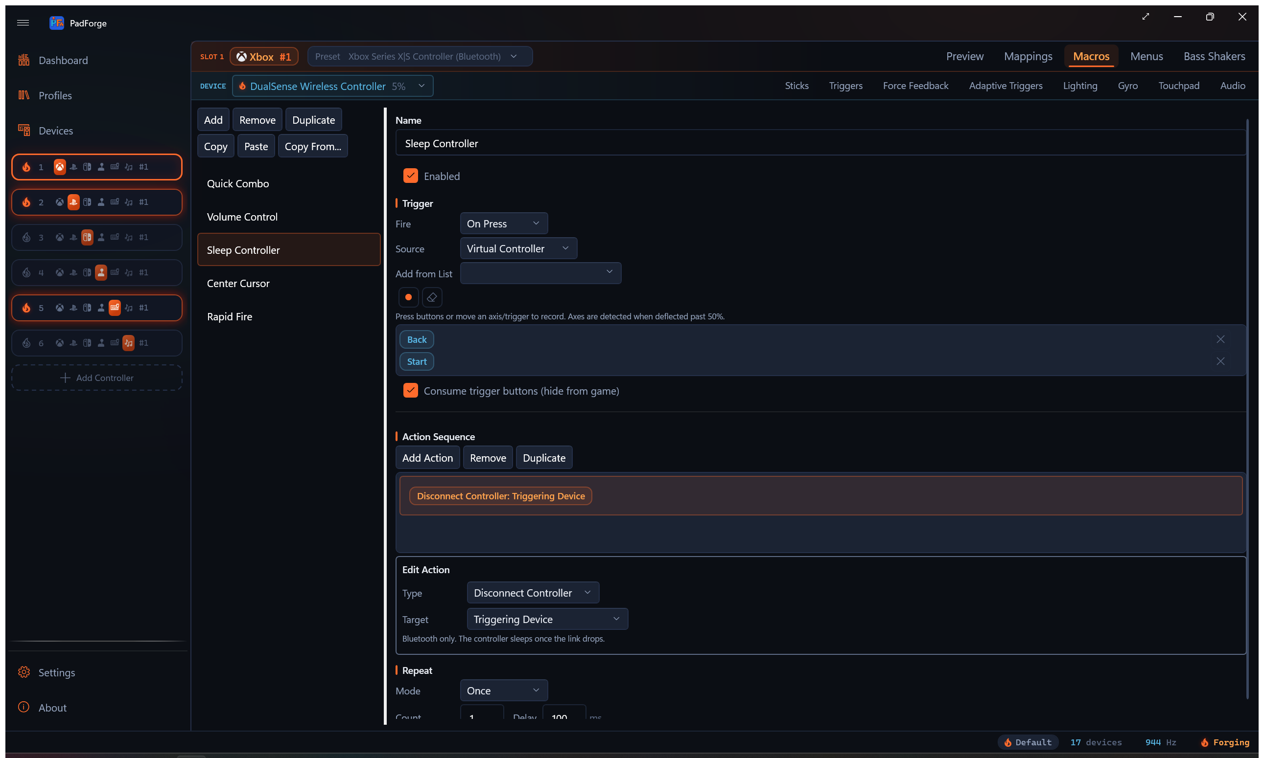 The Disconnect Controller action with the Target dropdown