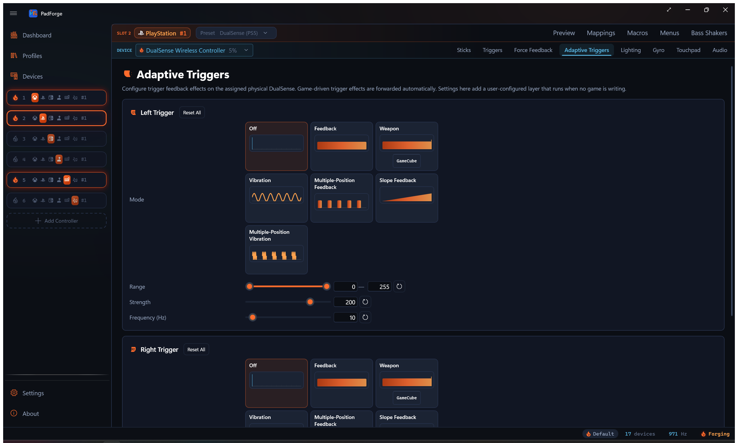 Adaptive Triggers tab with per-mode preview cards