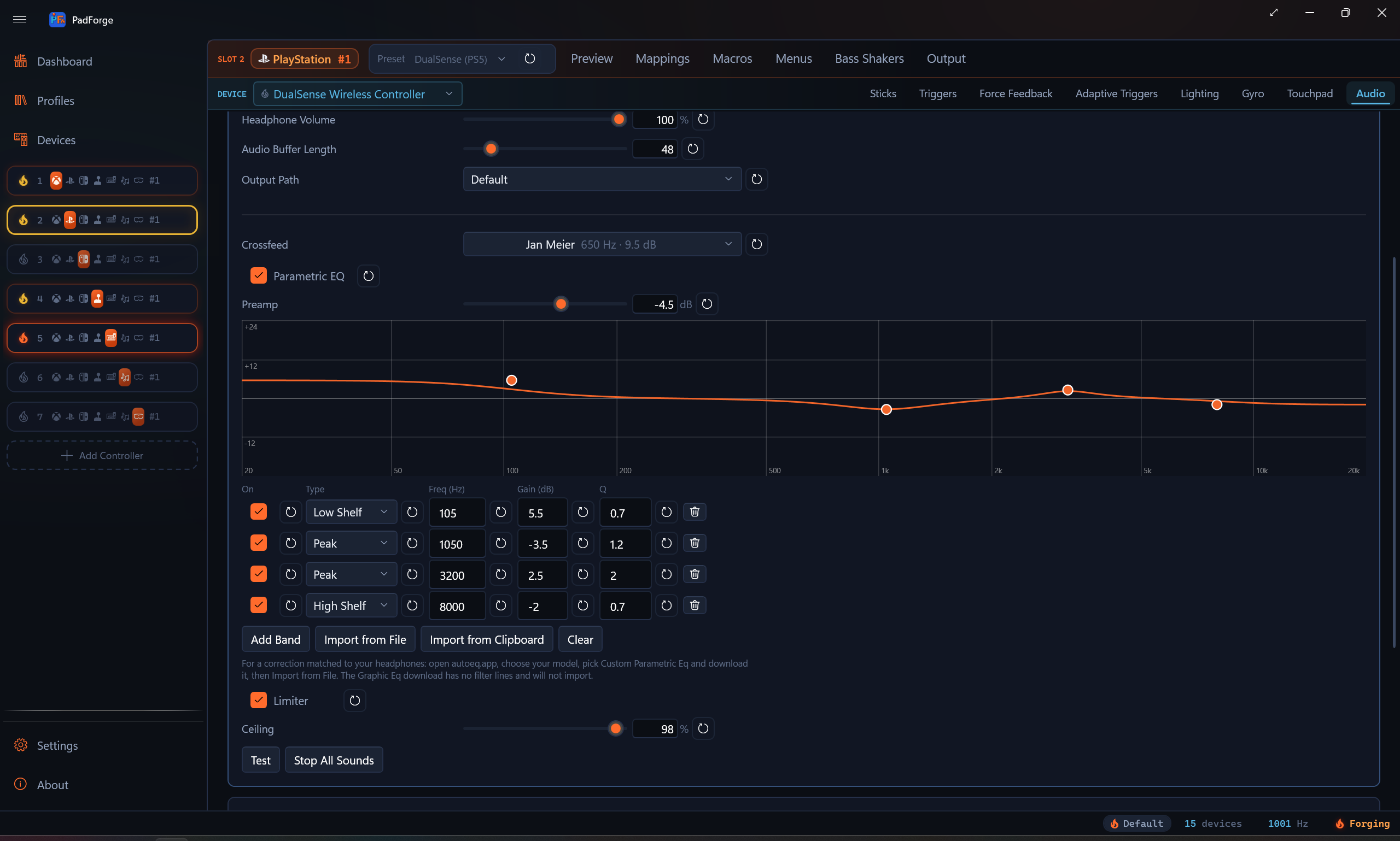 Audio tab scrolled to the crossfeed picker, the graphic EQ, and the limiter