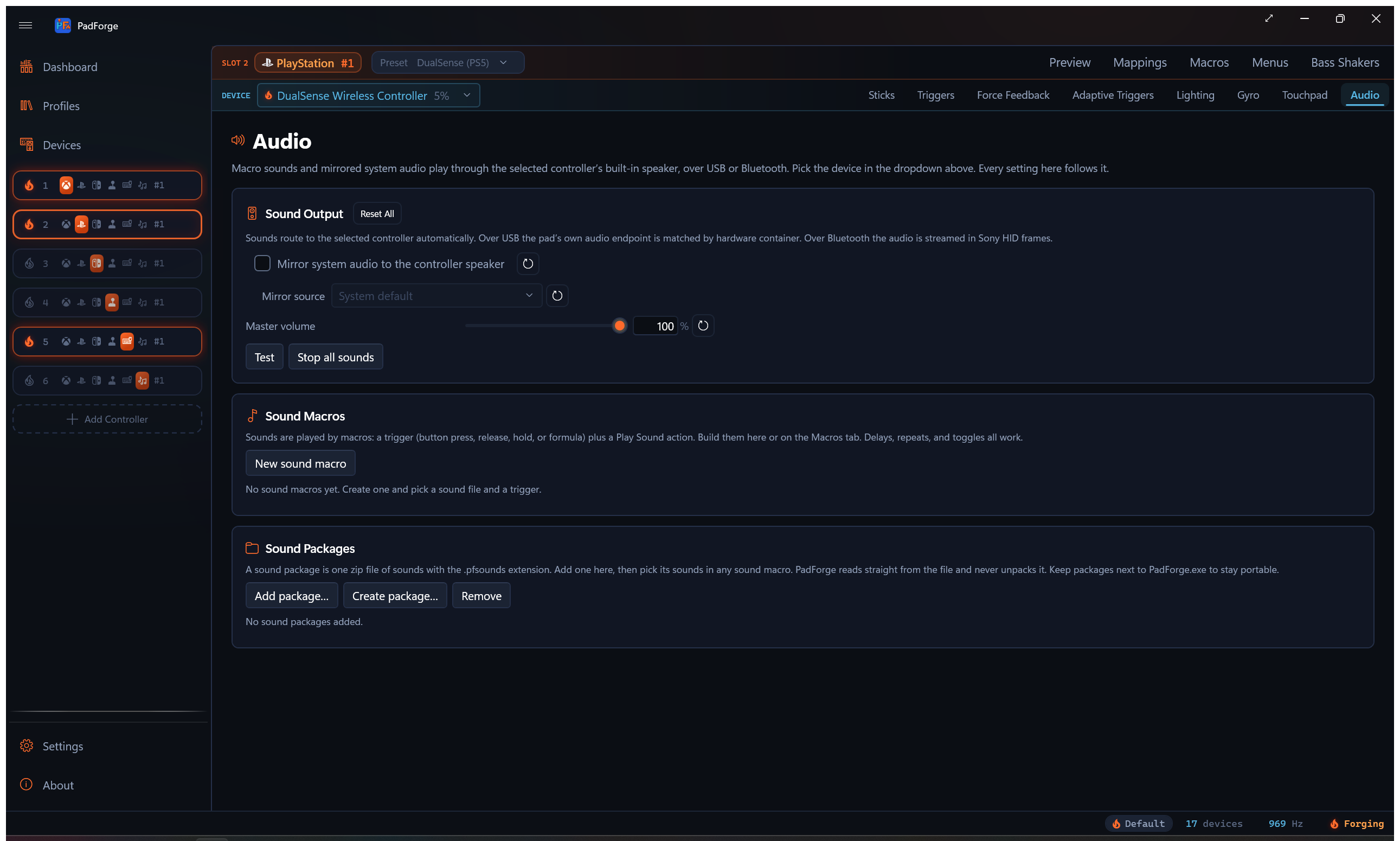 Audio tab with mirror source picker and master volume