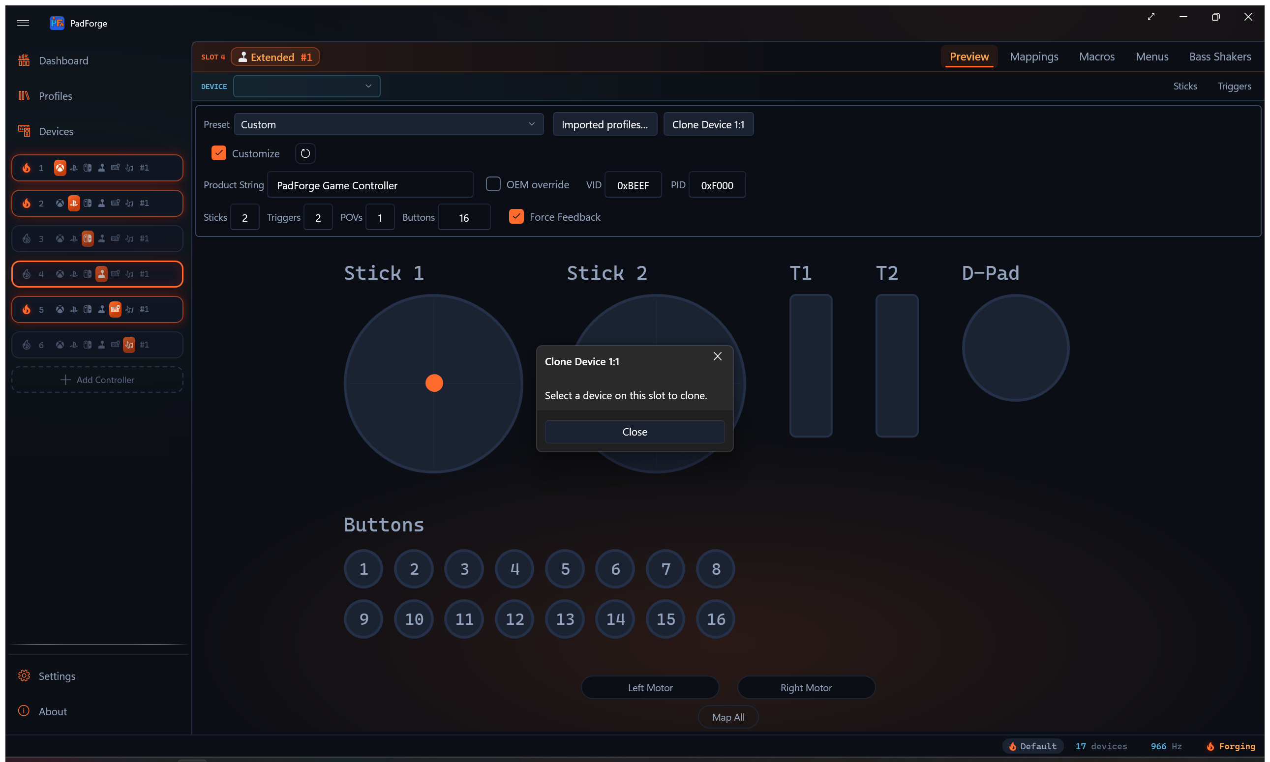 Clone Device 1:1 confirmation dialog listing the resulting axis, button, and POV counts