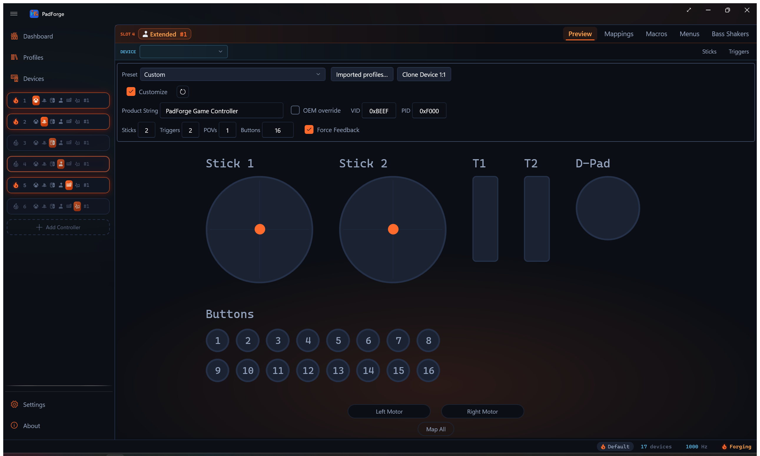 Extended (HIDMaestro) Controller view: profile / customize bar at top, procedural schematic of the live HID layout below
