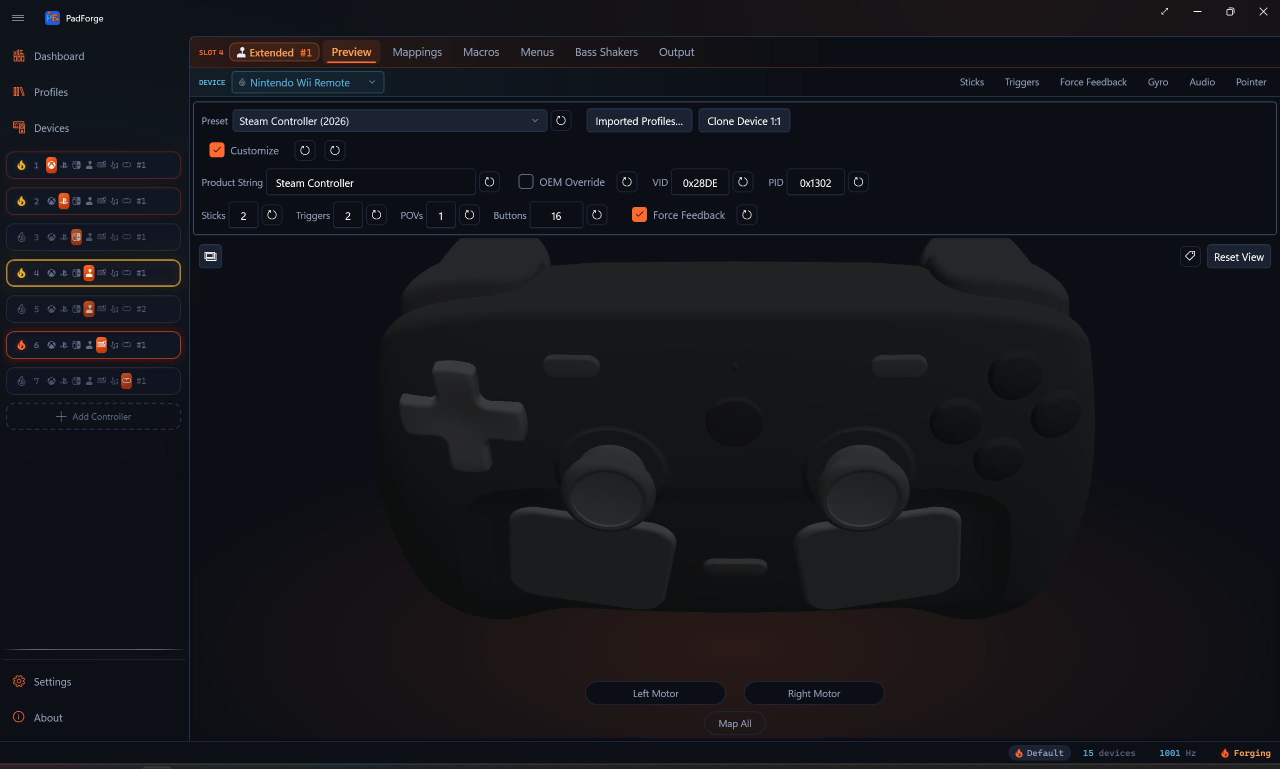 Extended slot on the Pad page with the Steam Controller (2026) profile: the config bar with the Extended type chip and the Preset picker, and the 2026 Steam Controller body in the 3D preview below