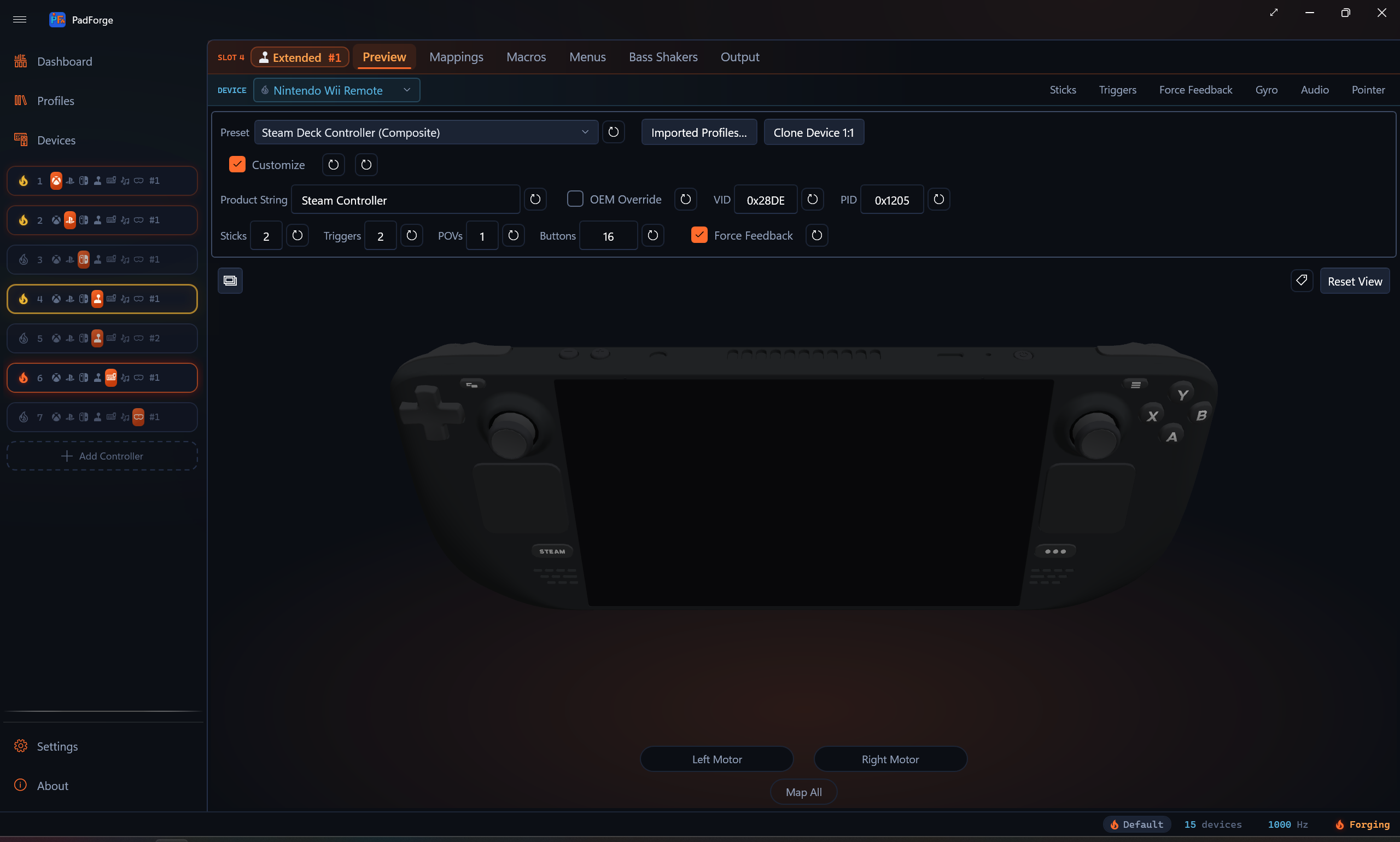 Extended slot on the Pad page with the Steam Deck Controller profile: the config bar with the Extended type chip and the Preset picker, and the Steam Deck body in the 3D preview below
