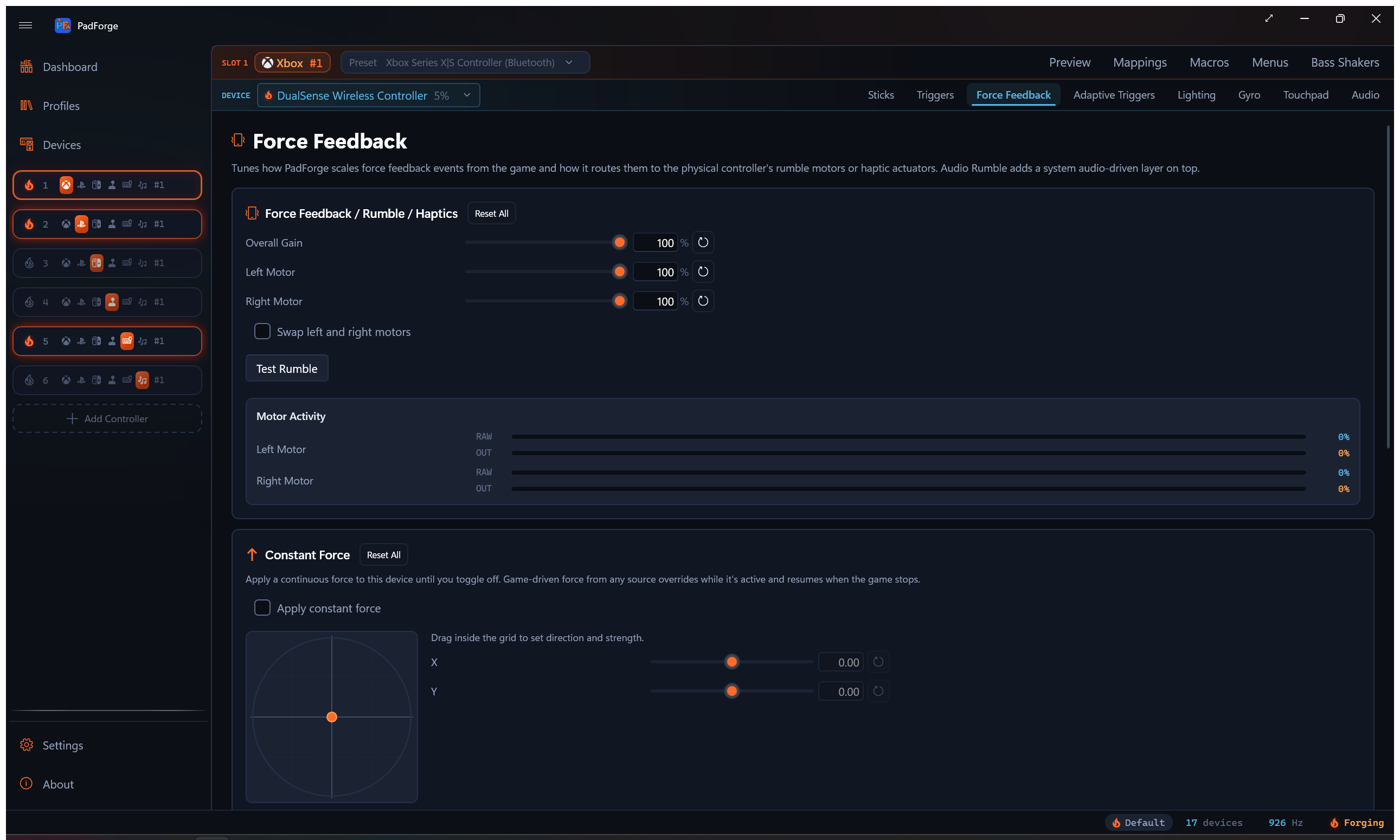 Force feedback settings with motor strength sliders and test button