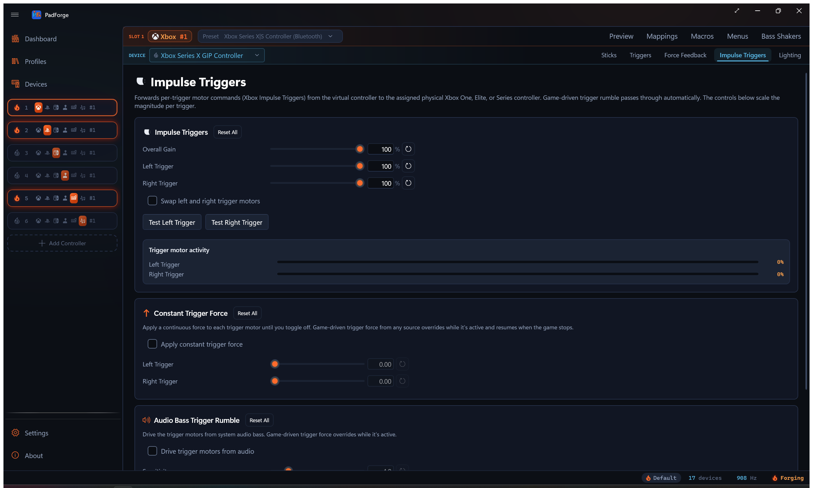 Impulse Triggers tab with Overall Gain, per-trigger gain, Constant Trigger Force, and Audio Bass Trigger Rumble cards