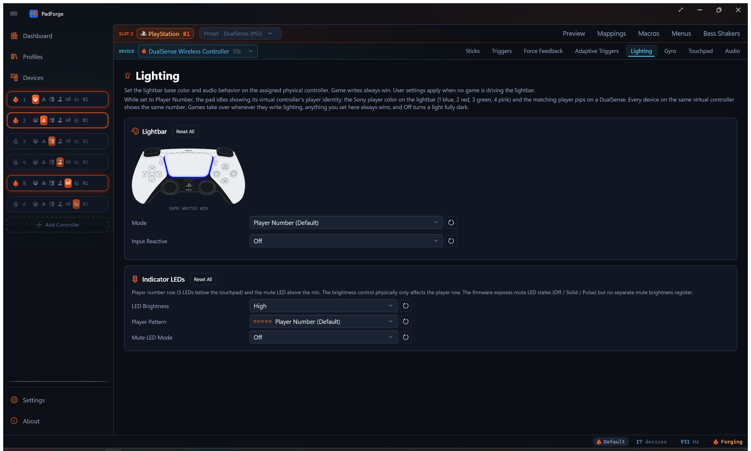 Lighting tab with mode picker and audio-band cards