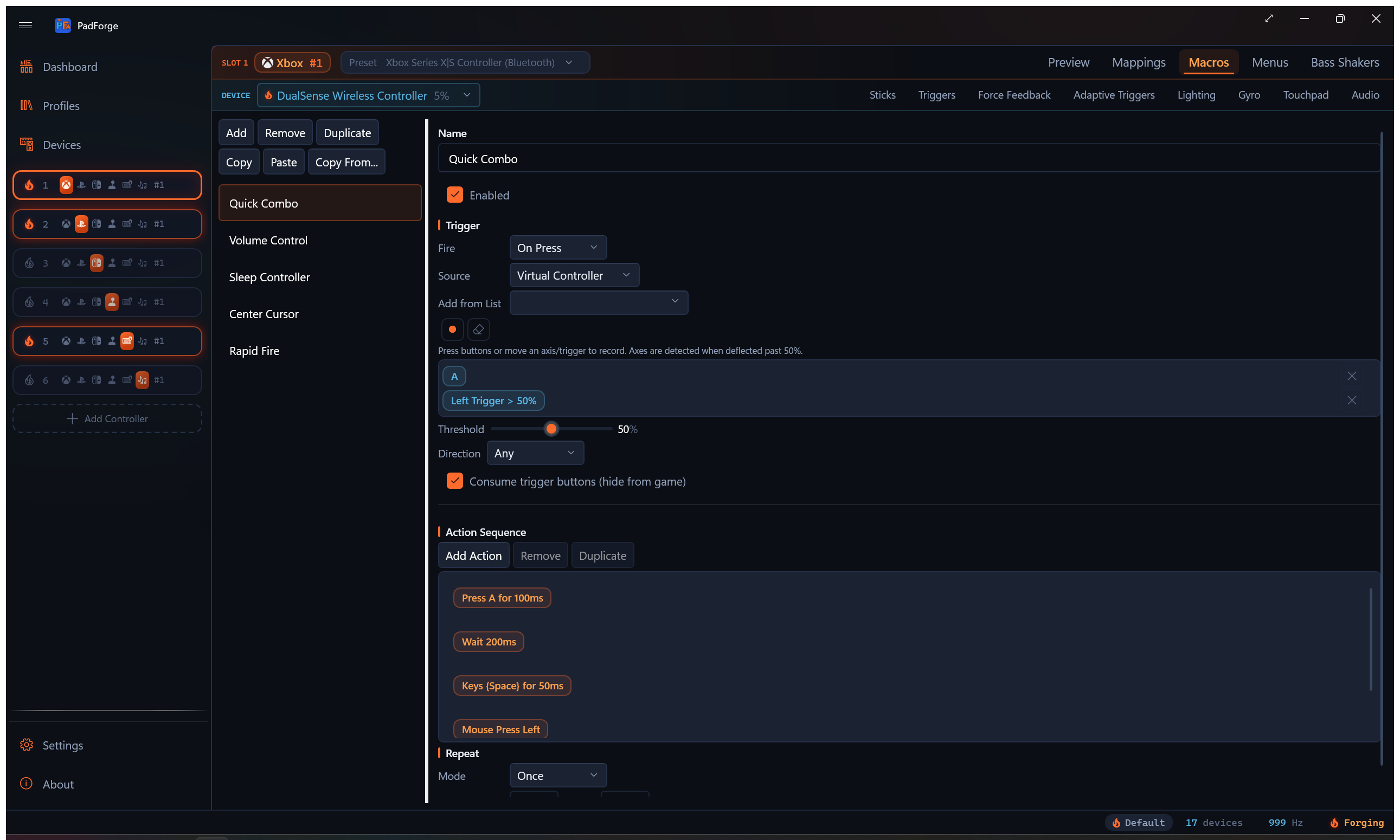 Macros tab showing trigger setup and action list