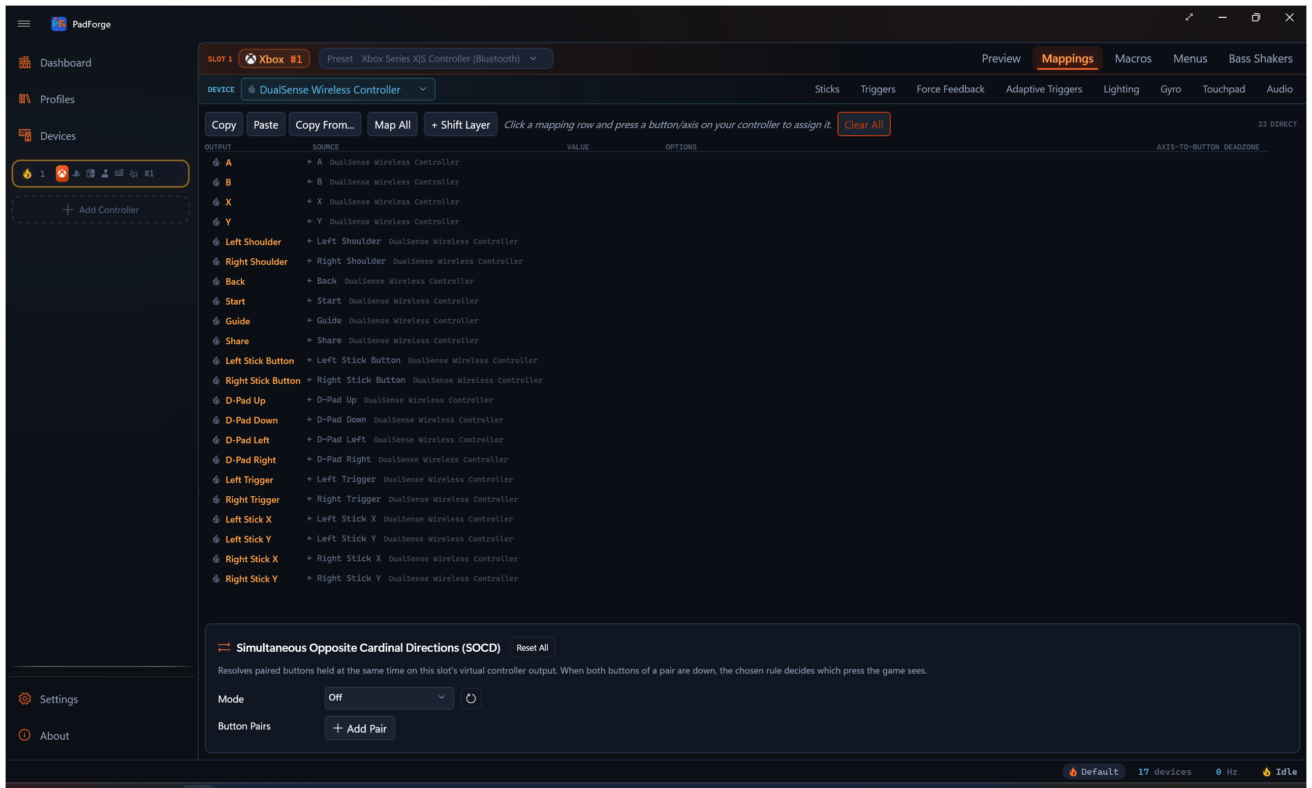 Button and axis mapping grid with source, value, and record columns