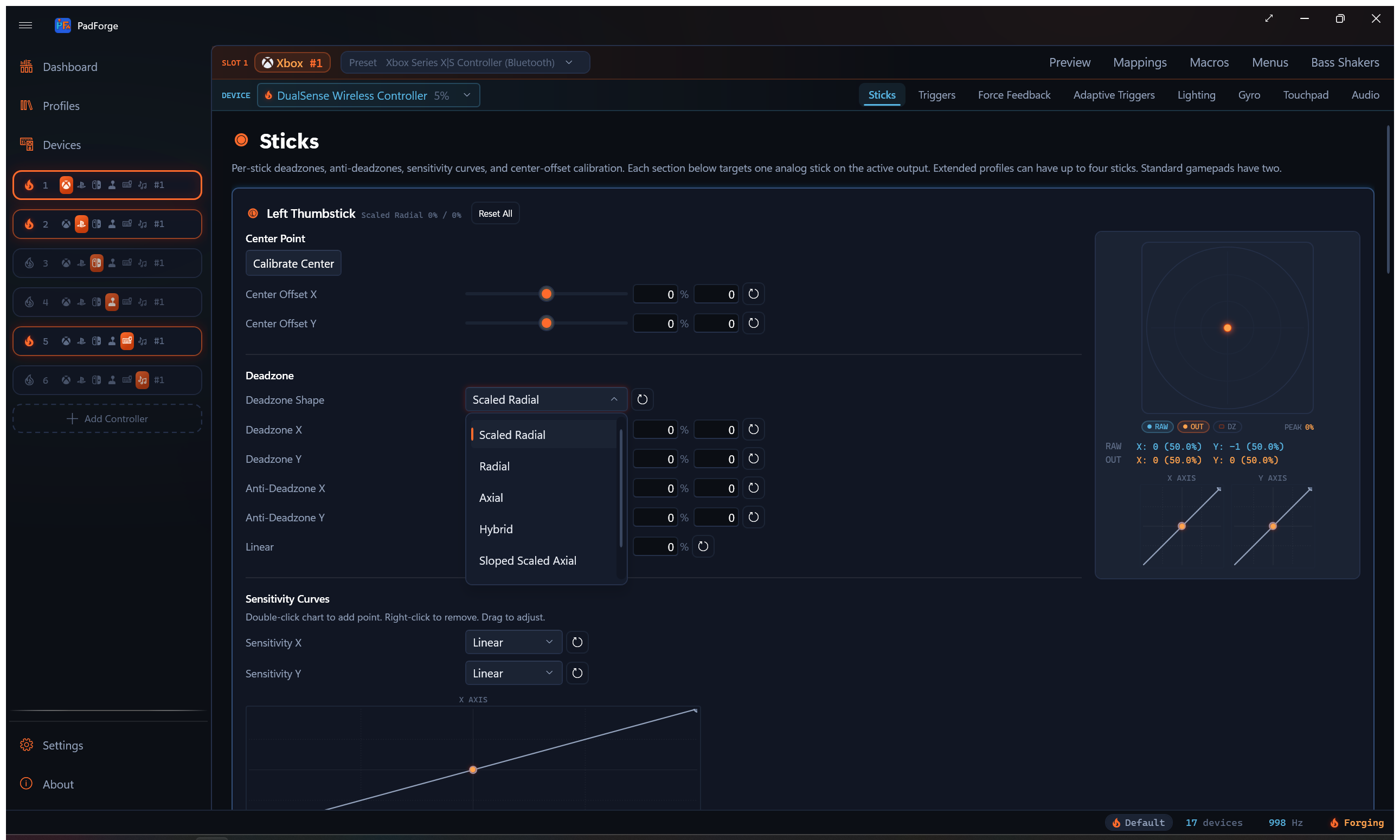 Deadzone shape dropdown