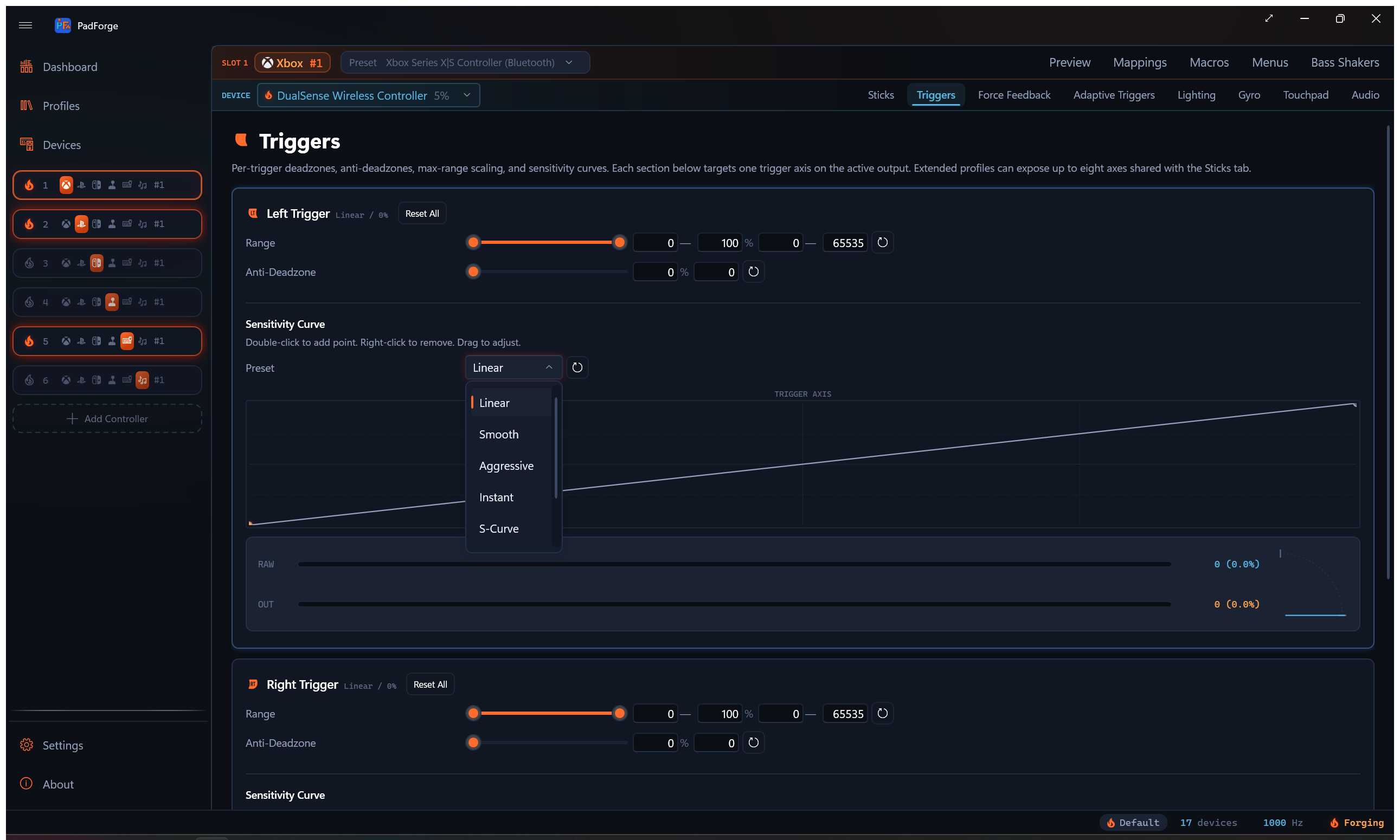 Trigger sensitivity preset dropdown