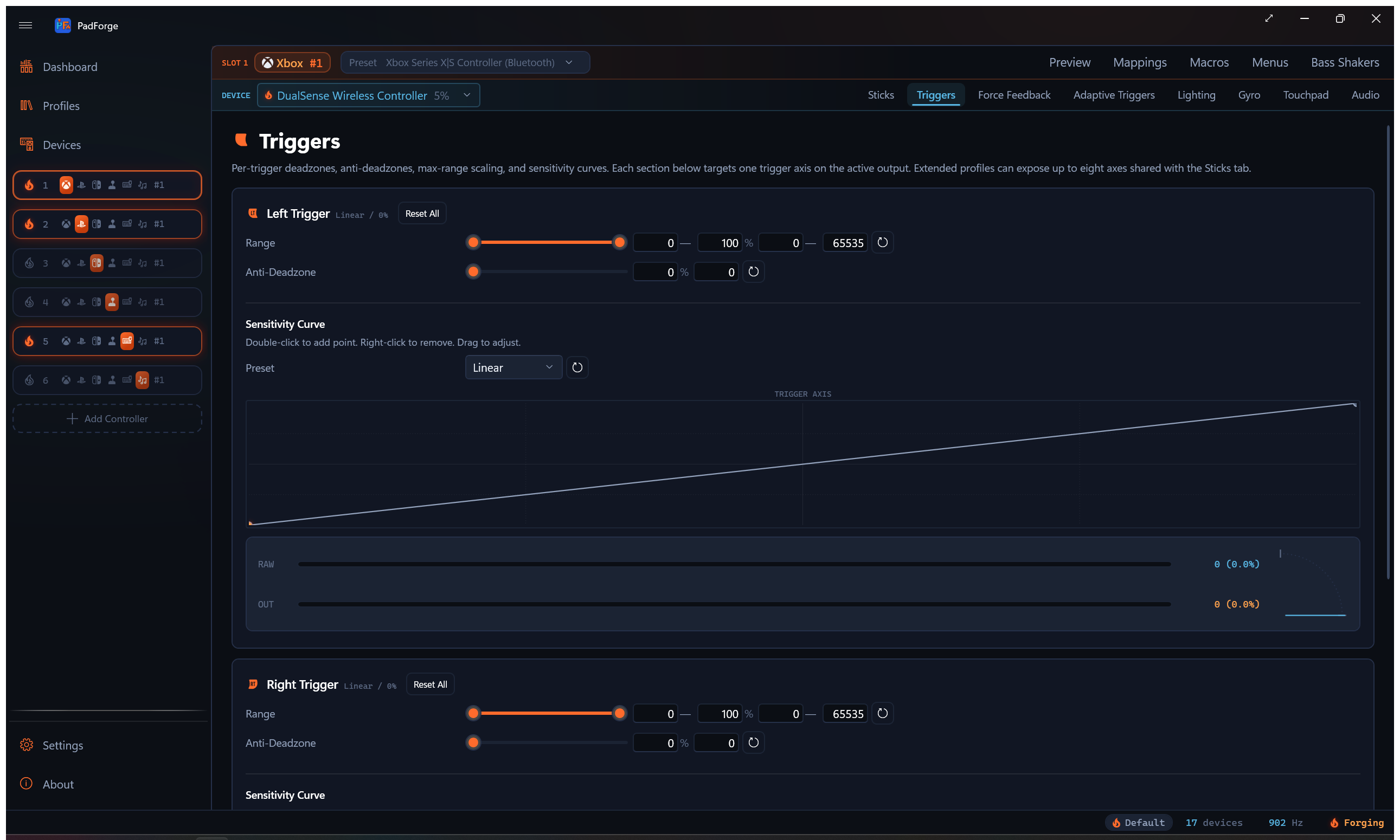 Trigger deadzone settings with range slider and sensitivity curve
