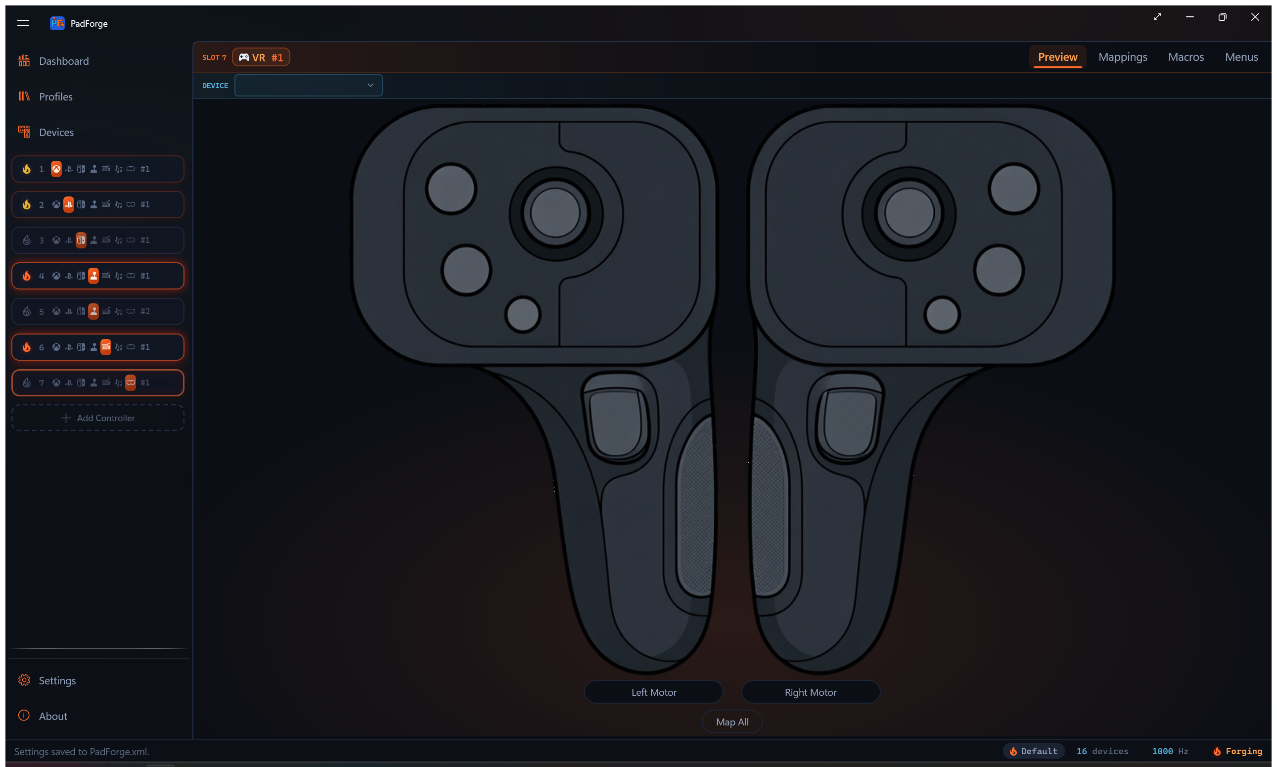 The VR slot preview showing both hand controllers, their sticks, triggers and grips