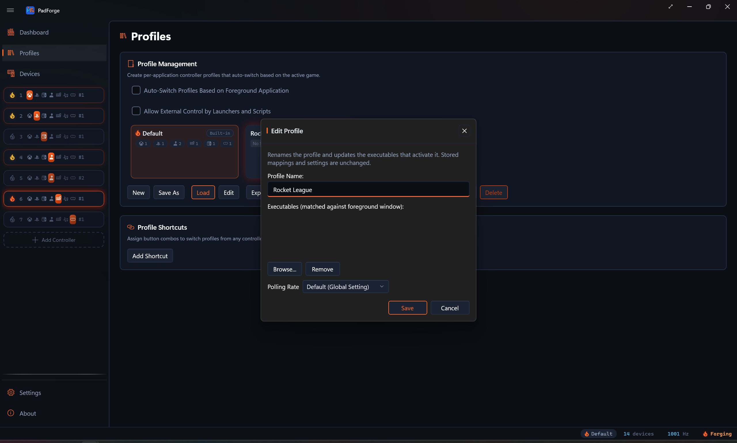 The Polling Rate dropdown in the profile dialog