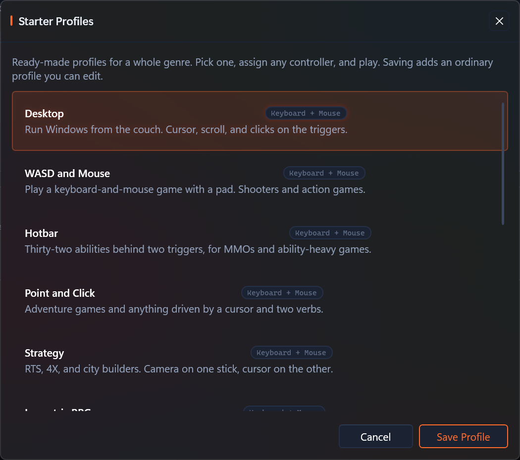 The starter profile gallery, showing each archetype with its output type and a one-line description