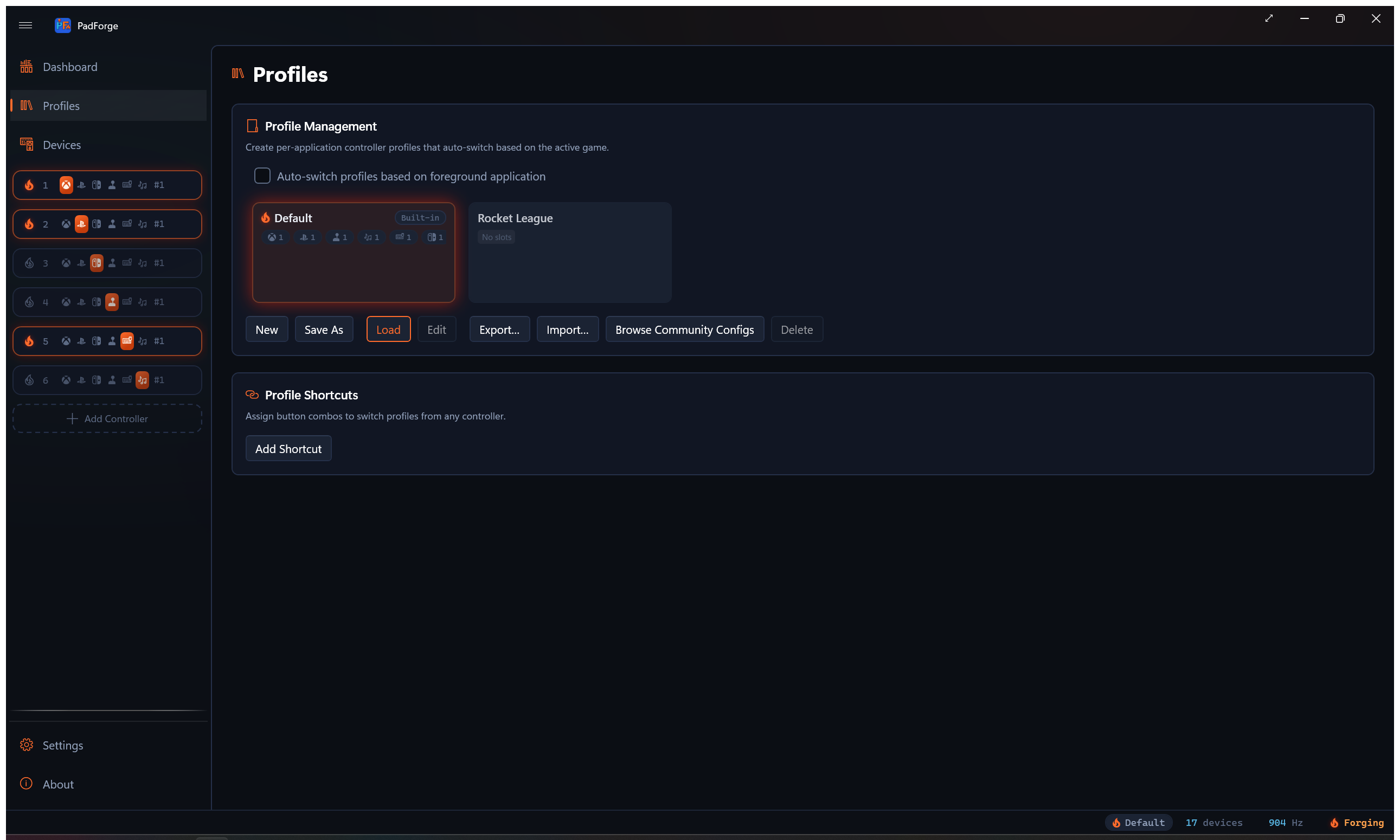 Profiles page with the profile card grid and executable matching