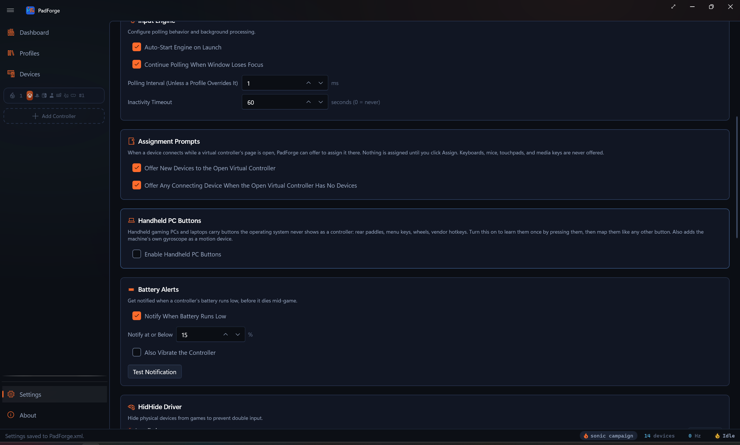 The Community Configs card in Settings