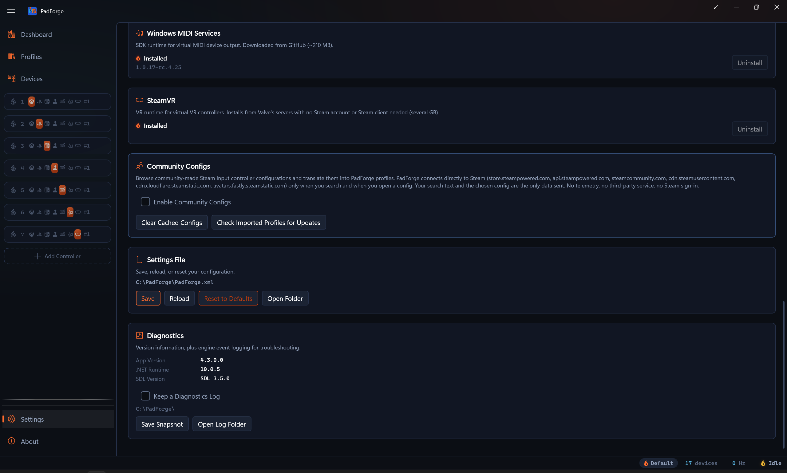 The Diagnostics card in Settings
