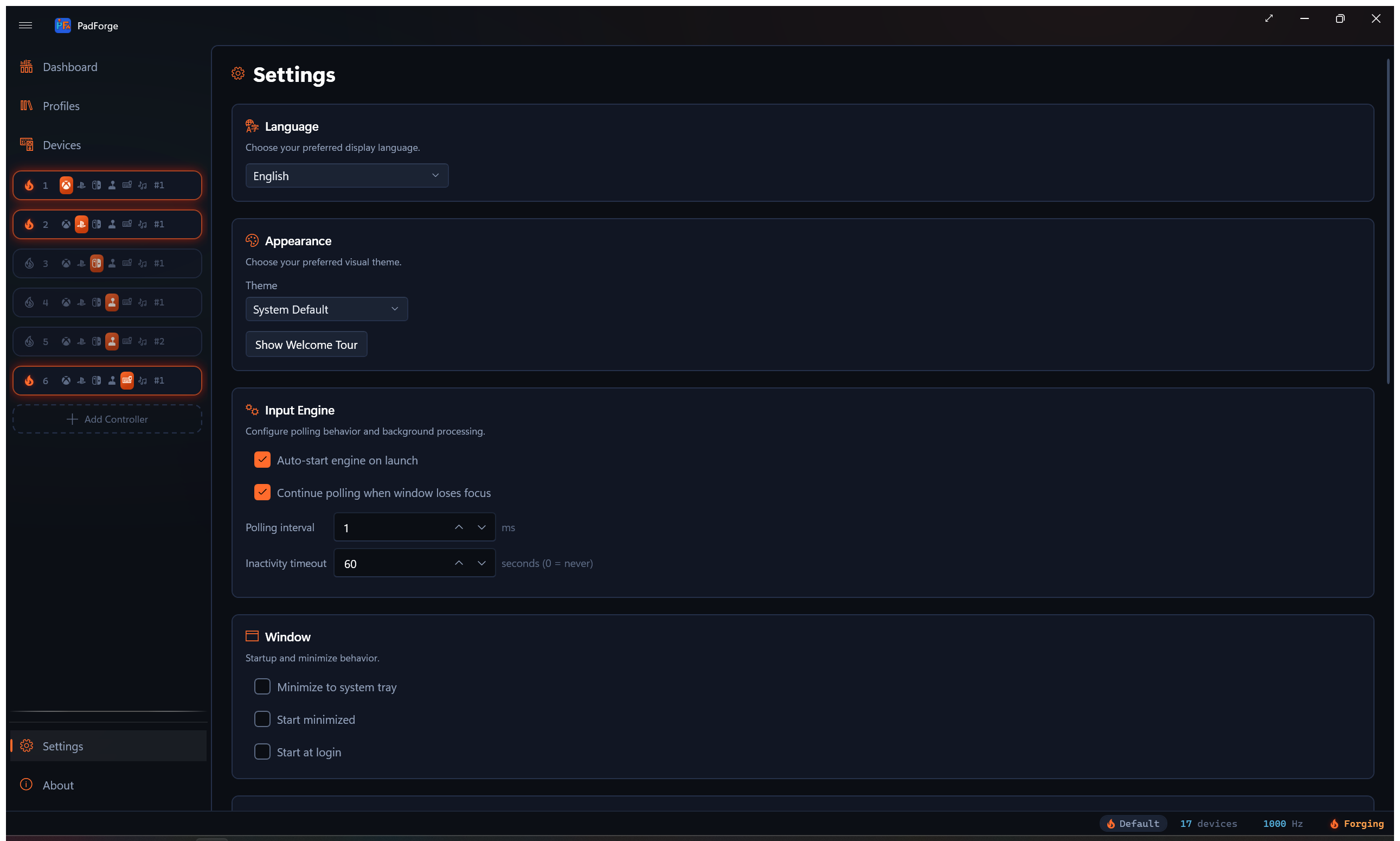 Settings page showing language, theme, and engine configuration